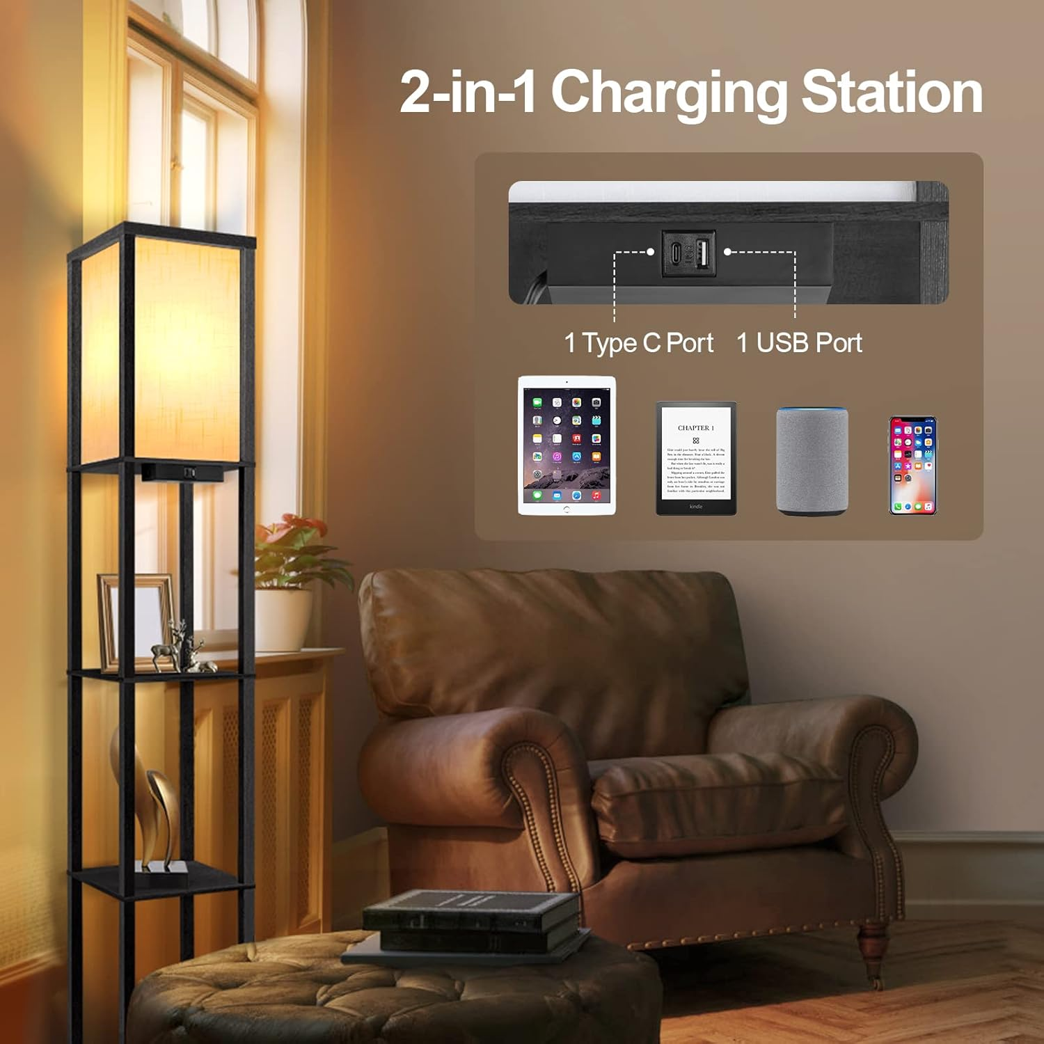 OUTON LED Floor Lamp with Shelves, Dimmable Floor Lamp with 2 USB Ports, Remote Control, 4 Colour Temperature, Storage Display Tall Standing Lamp for Living Room Bedroom Office(Black) image number 1