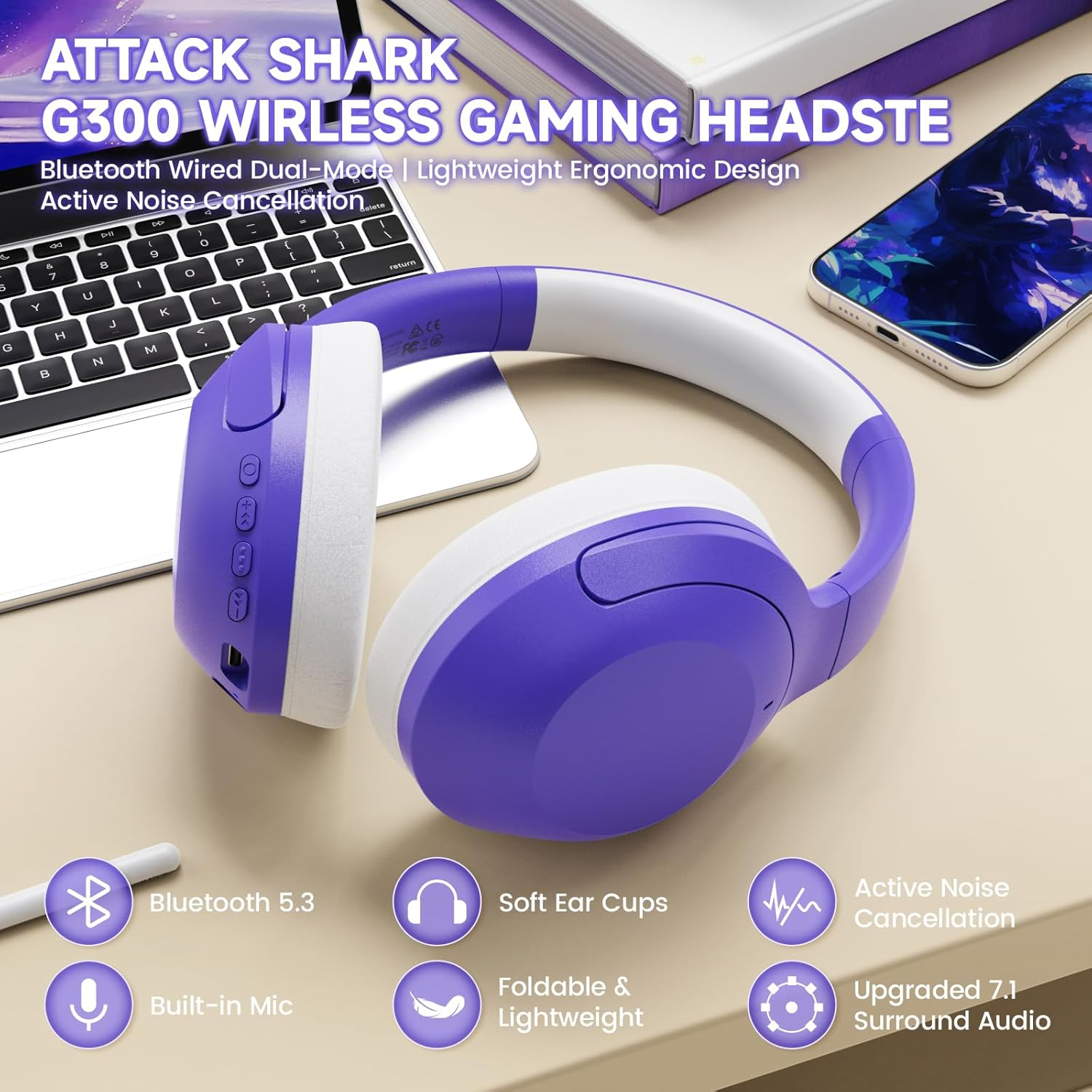 Lexonelec X Attack Shark G300 Wireless Active Noise Cancelling Headset, Bluetooth 5.3 Deep Bass HD Stereo Sound over Ear, 20H Playtime, Built-In Mic Lightweight Design 3.5Mm Gaming Headset(Purple) image number 3