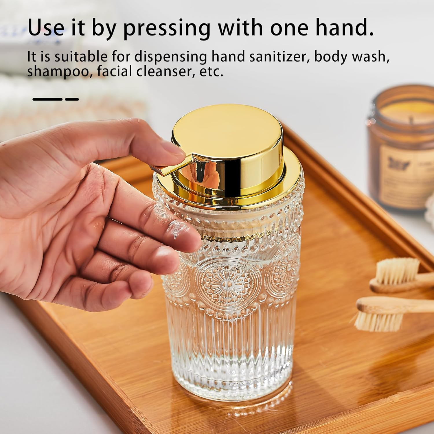 Glass Liquid Soap Dispenser, Refillable Liquid Dispenser with Gold Pump, Hand Soap Dispenser for Bathroom Kitchen, Modern Home Bathroom Decor （Liquid Type/Large Clear）