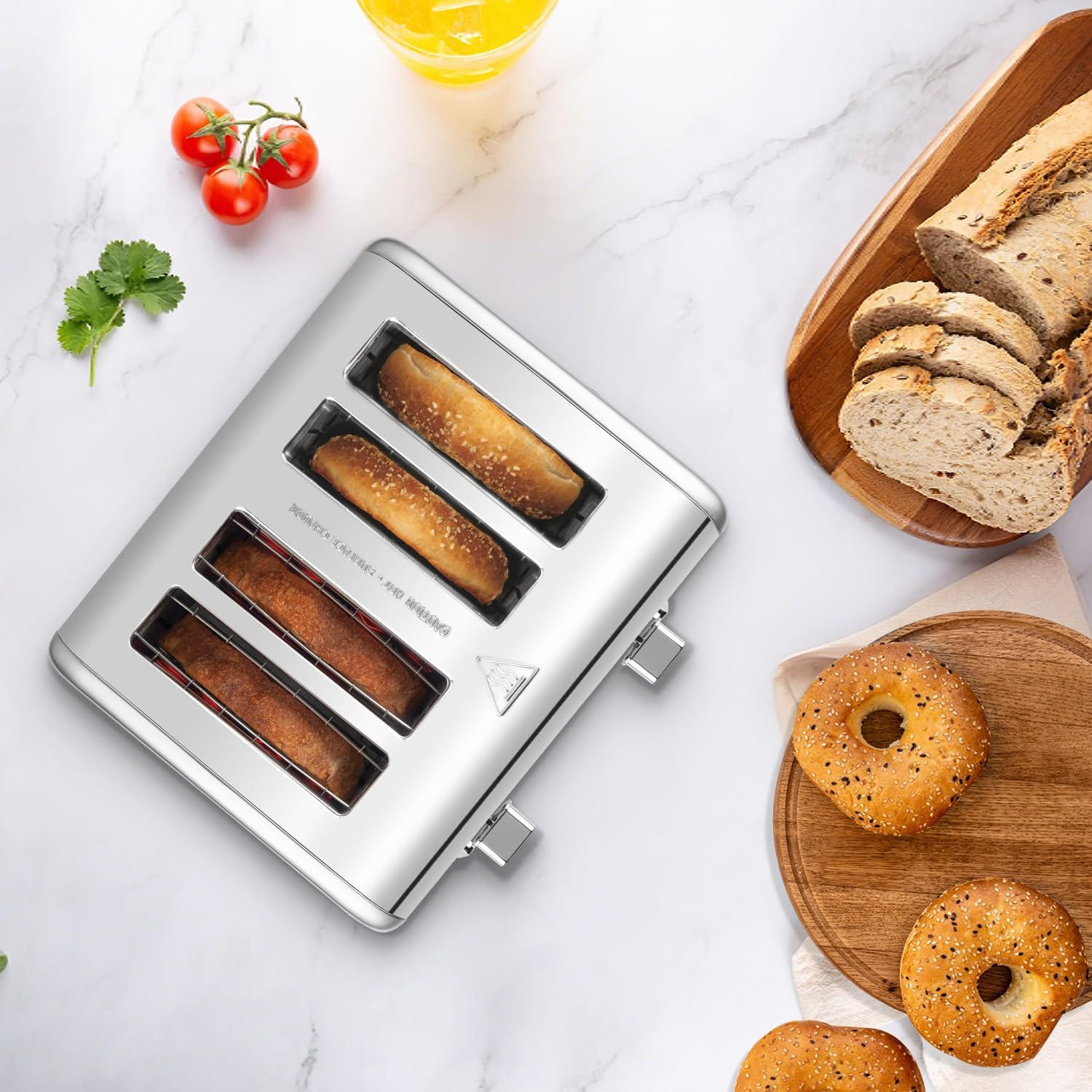 4 Slice Toaster, CUSIMAX Stainless Steel Toaster with Clear LED Display, Bread Toaster with Extra Wide Slots and 6 Browning Settings, Cancel/Reheat/Defrost Function, Removable Crumb Trays, Silver