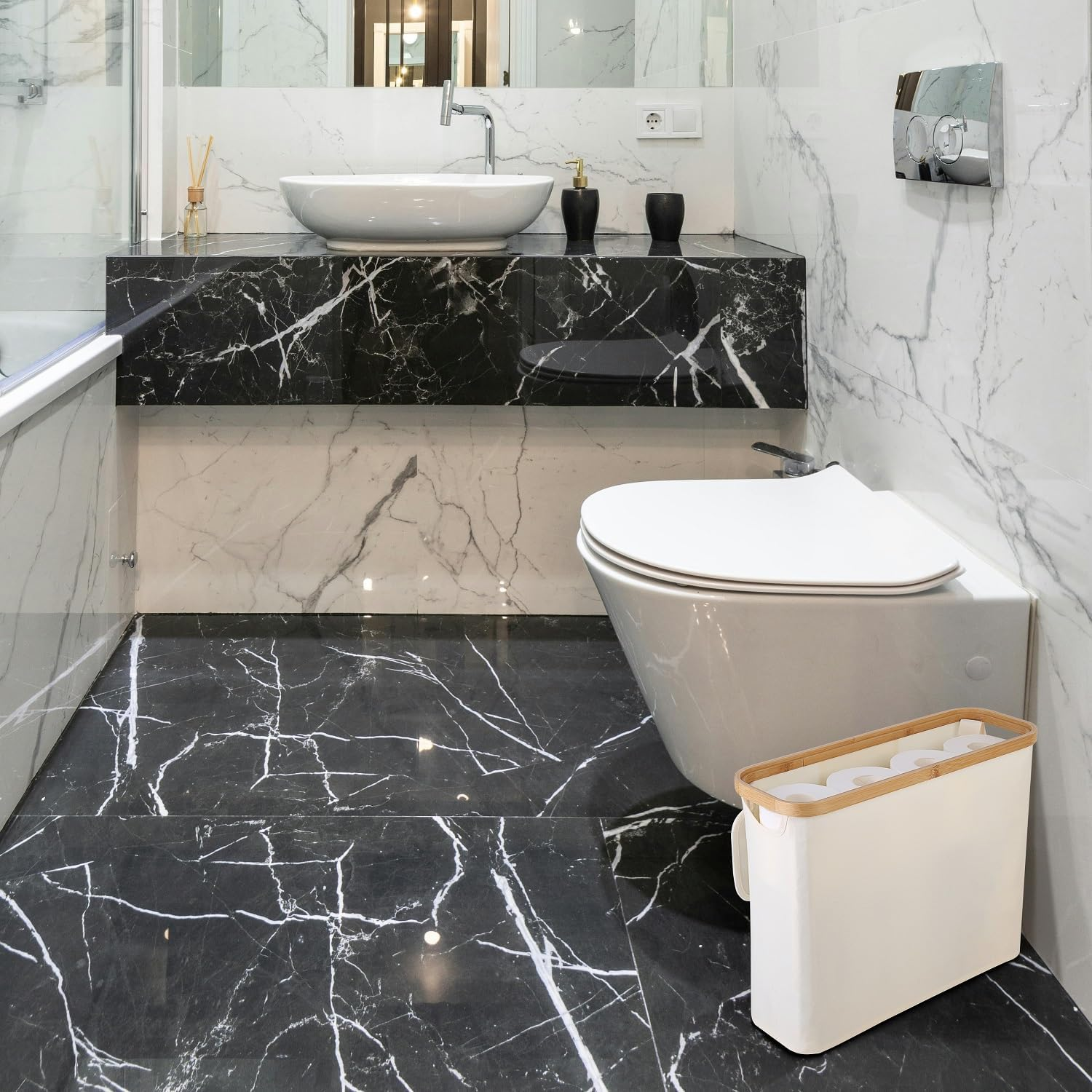 Toilet Paper Storage with Lid, Slim Toilet Paper Basket Holder Bin Container, Bamboo Bathroom Accessories Organizer Holder Stand, Hold up to 12 Regular Rolls or 9 Mega Rolls (Gray) image number 2