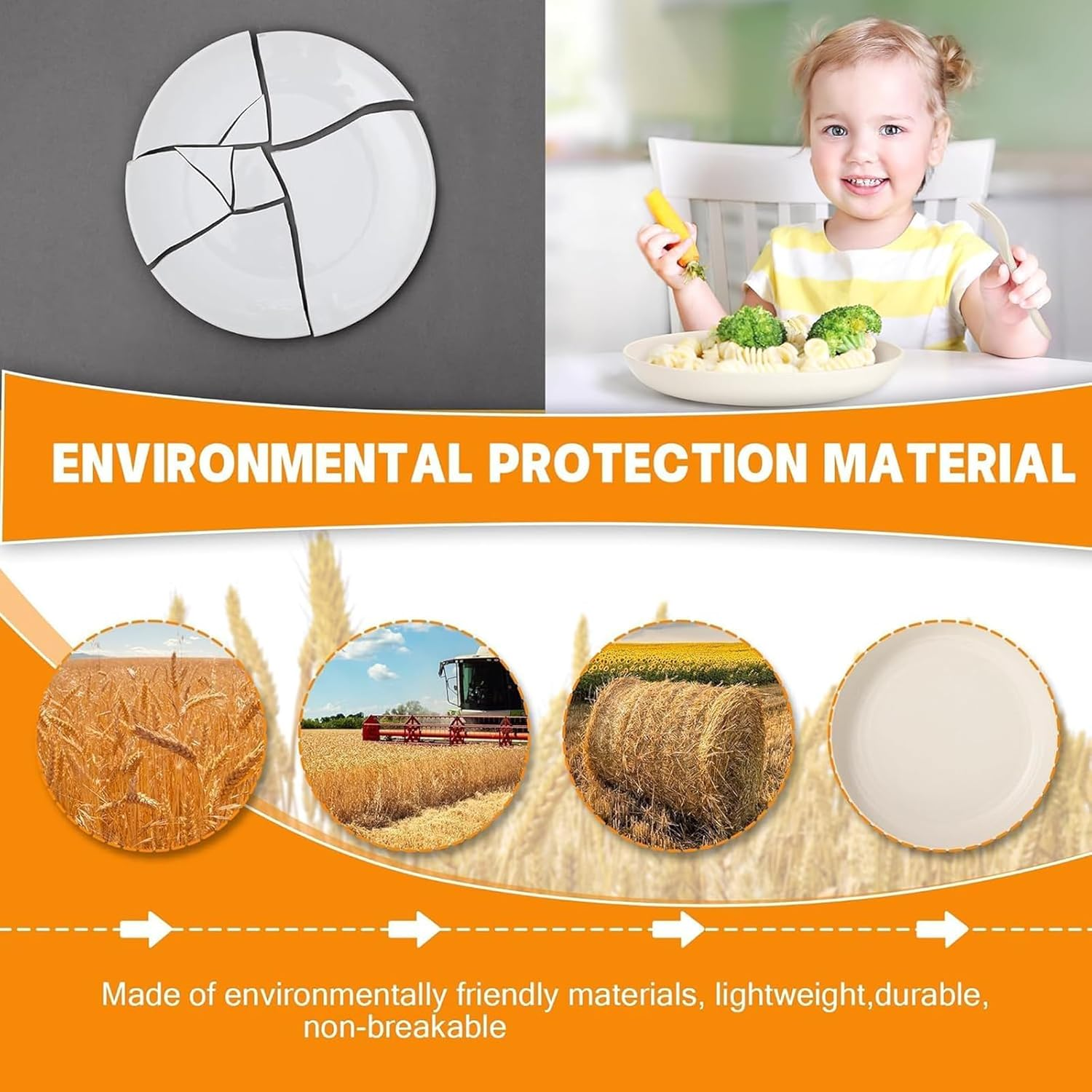 18Pcs Wheat Straw Dinnerware Sets, KELIOO Kids Plastic Plates and Bowls Cups Set, Unbreakable Reusable Dinnerware Microwave Safe Dishes Set for Kitchen, Dorm, Camping, RV, Picnic (Beige) image number 6