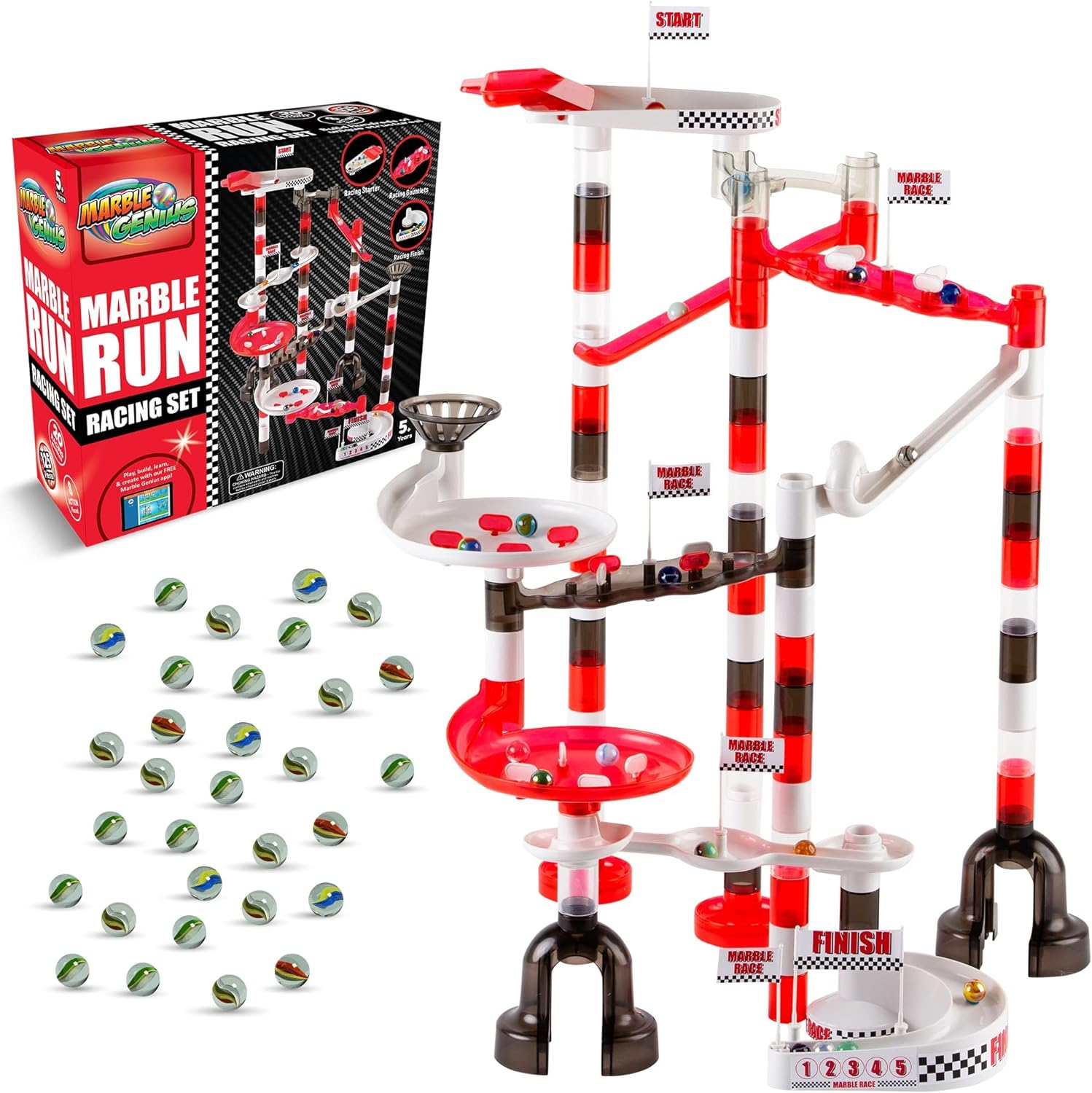 Marble Genius Marble Run Racing Set (125 Pieces) with Designer Marbles, Racing Action Pieces, & Tournament Board image number 3