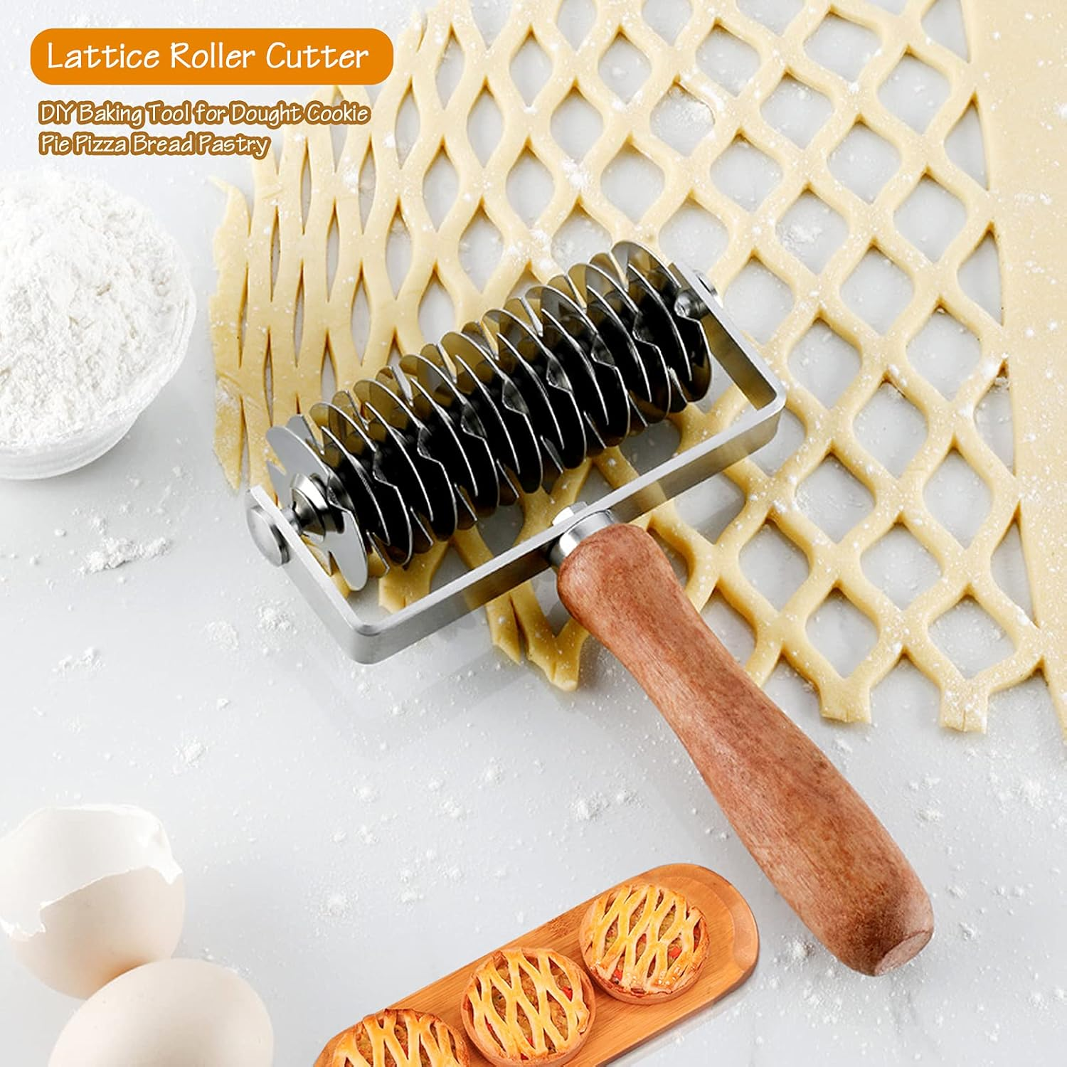 Stainless Steel Lattice Cutter, Dough Lattice Roller Cutter Baking Tool Cookie Pie Pizza Bread Pastry Crust Roller Cutter with Wood Handle, Household Time-Saver Baking Pastry Tools for Pizza Biscuits image number 2