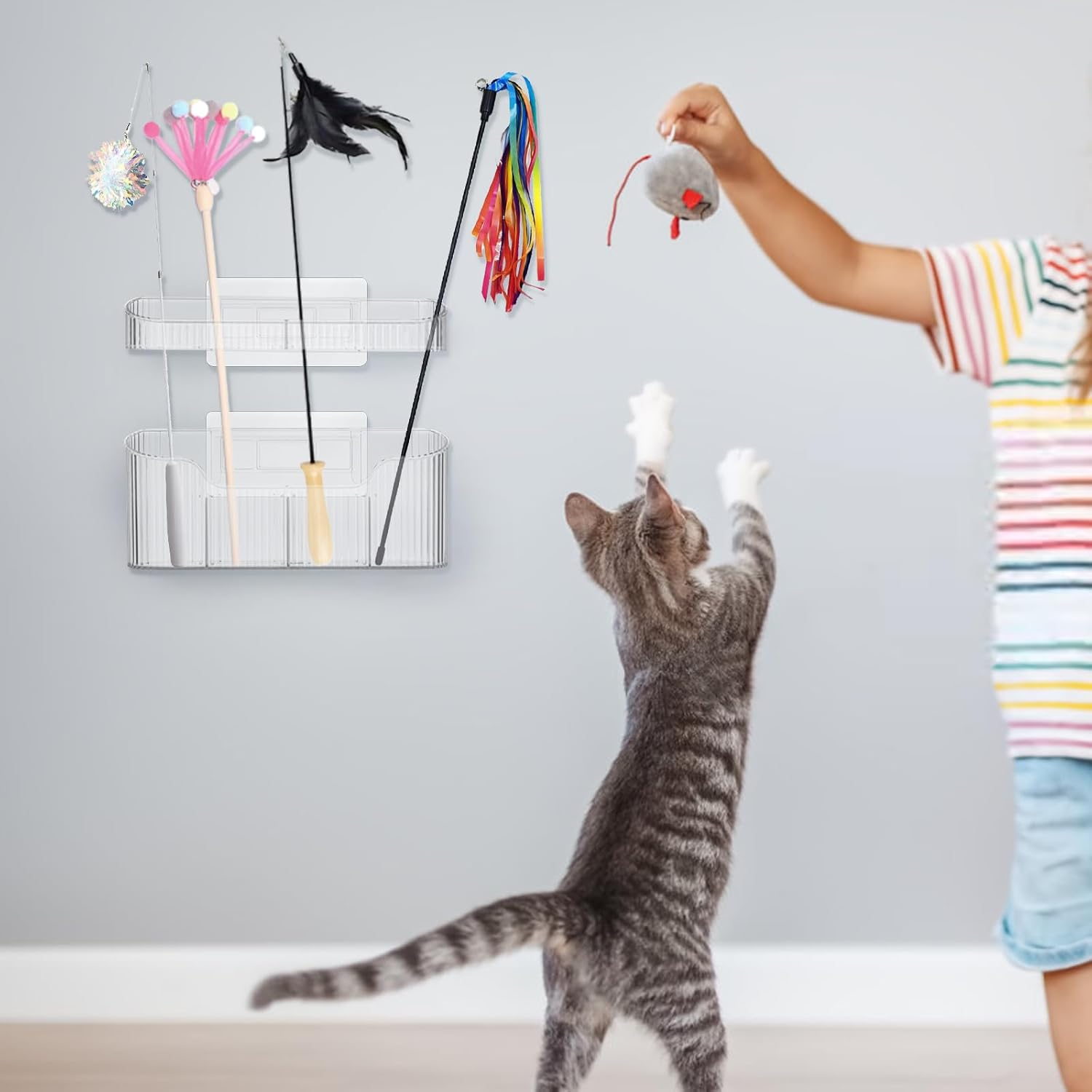 OGA Cat Wand Toy Storage Hanging Holder Cat Wand Toy Basket Cat Wand Storage Rack for Organizing Feather for Cat, Cat Accessories for Indoor Cats, Kitten Accessories, Cat Storage Basket, Clear image number 1