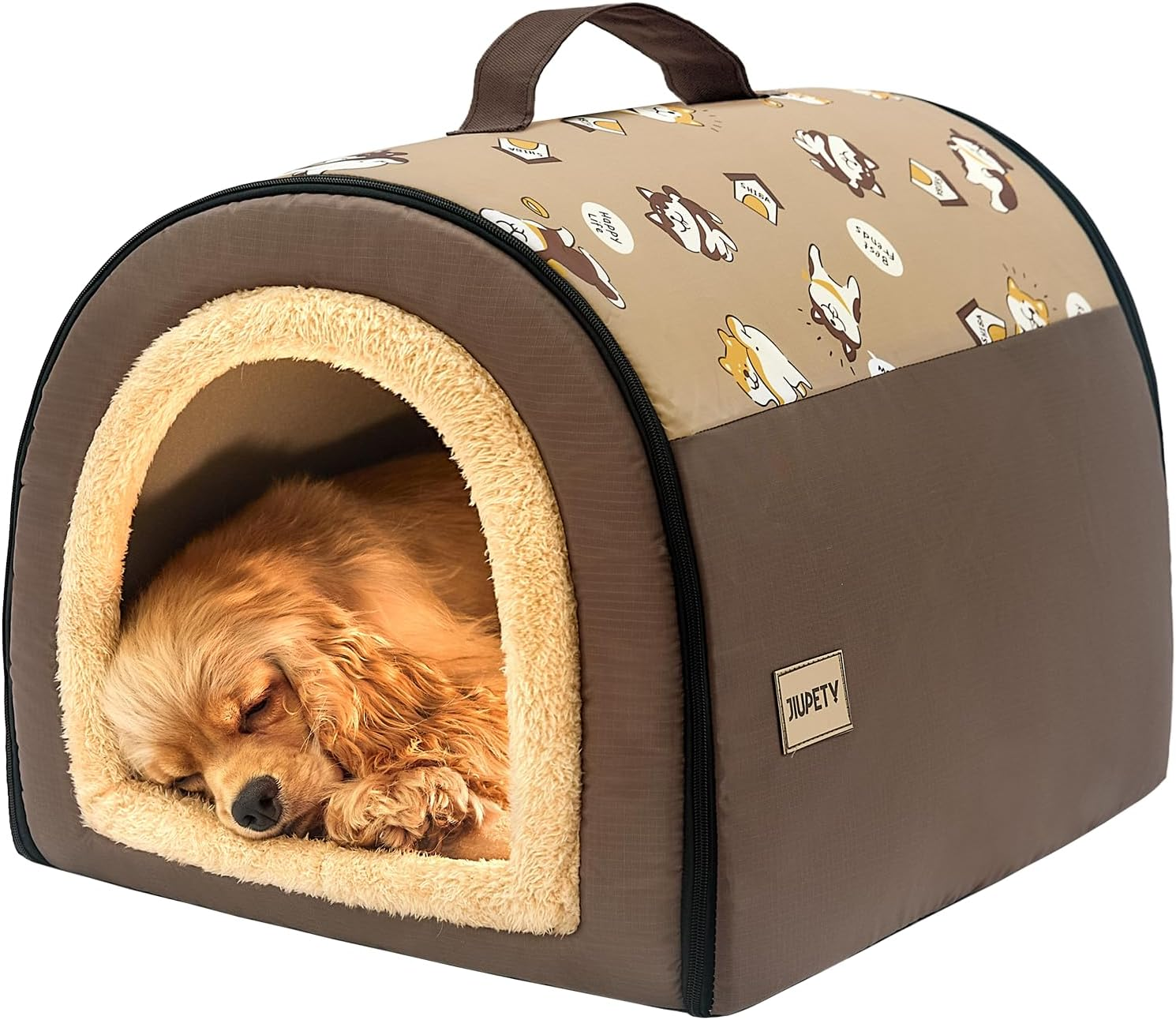 Jiupety Indoor Dog House, 2 in 1 Portable Foldable House Bed with Cover, Pet Tent & Cave Bed for Small Medium Dog, L(24"&times;18"&times;18"), up to 20 Lb, Brown image number 1