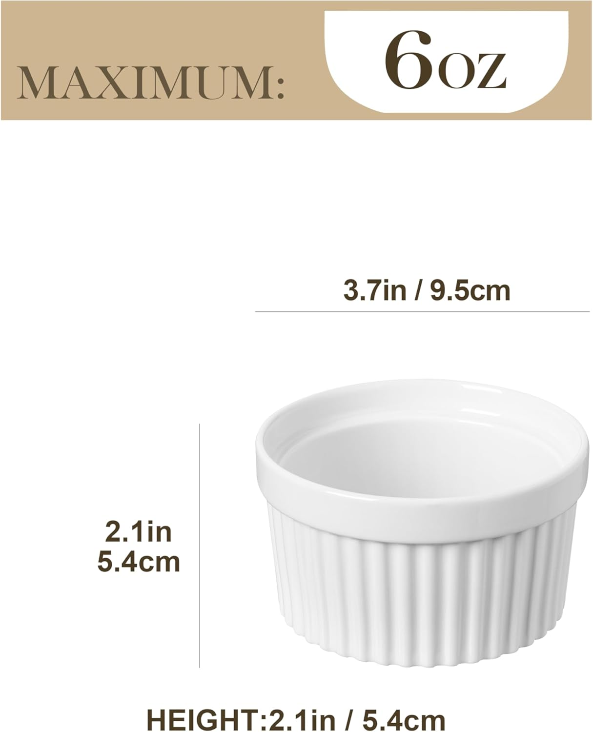 MALACASA Ramekins 6 Oz Oven Safe, Porcelain Creme Brulee Ramekins Pudding Custard Cups Small Ceramic Souffle Dishes Ramakan Ramiken Ramicans Baking Bowls Set of 6, White, Series RAMEKIN-DISH image number 2