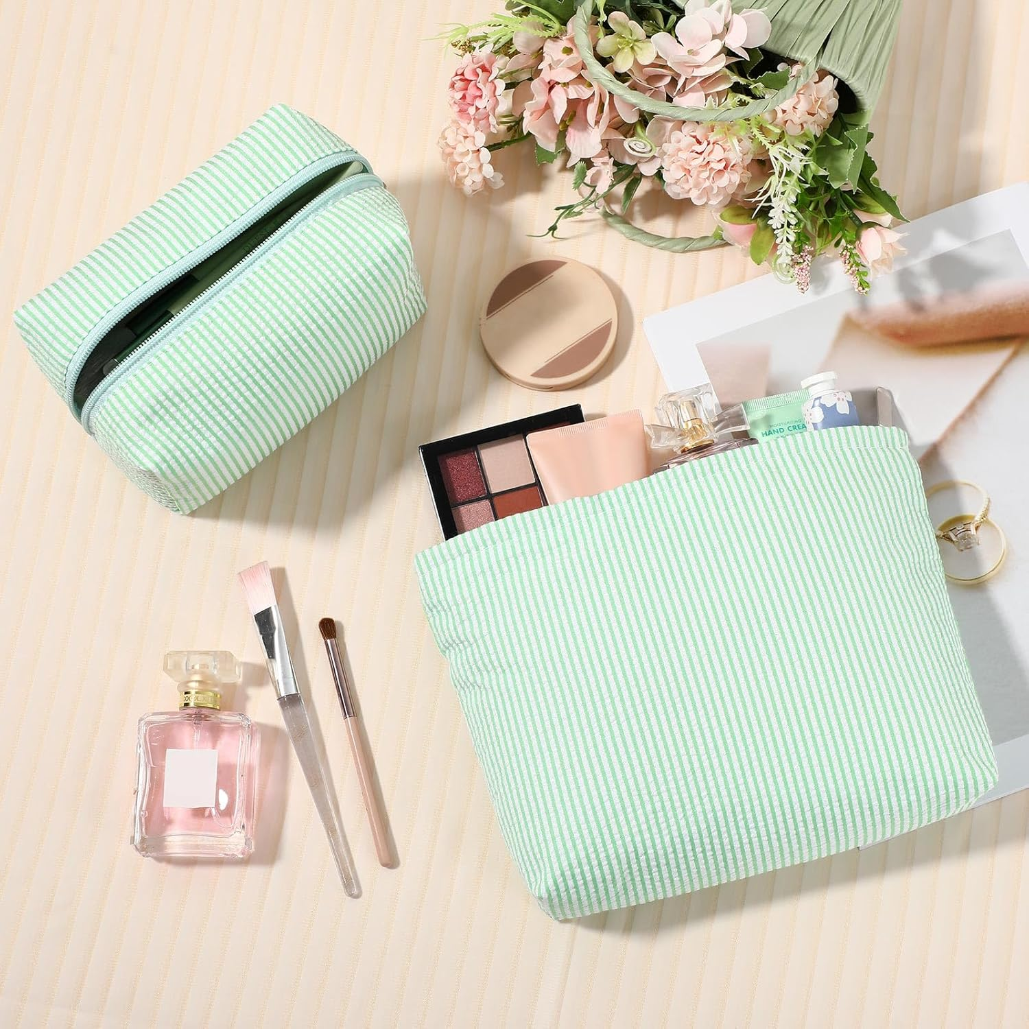 Huhumy 2 Pieces Makeup Bag Set Cute Cosmetic Pouch for Women Seersucker Travel Toiletry Bag Preppy Small Makeup Purse Pouch Aesthetic Skincare Brushes Storage Organizer for Christmas Women, Green - Black image number 7