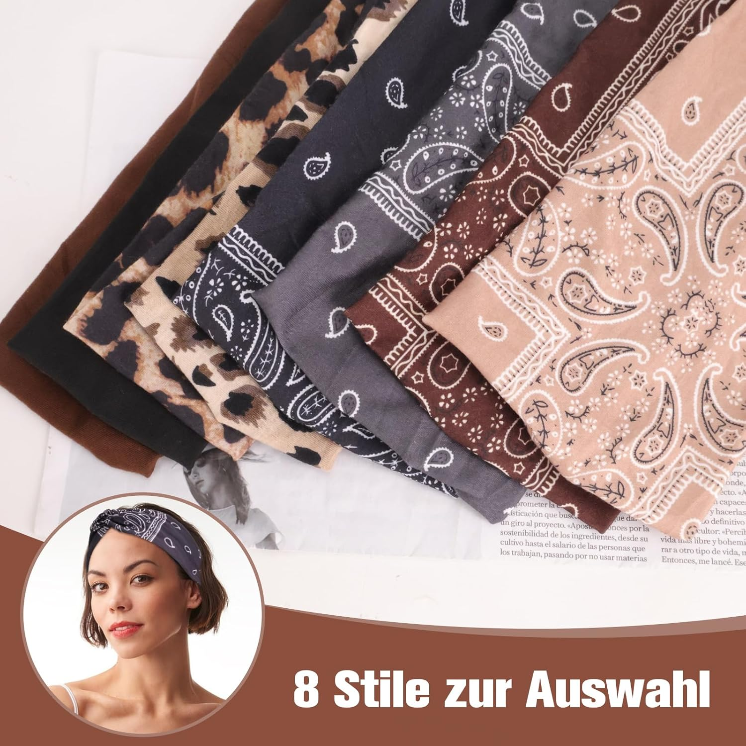 Pack of 8 Women'S Soft Headbands, Elastic Hair Bands, Summer Wide Headband Print Hair Accessories, for Yoga, Exercise, Workout, Running, Gym (Boho, Leopard Print, Plain) image number 3