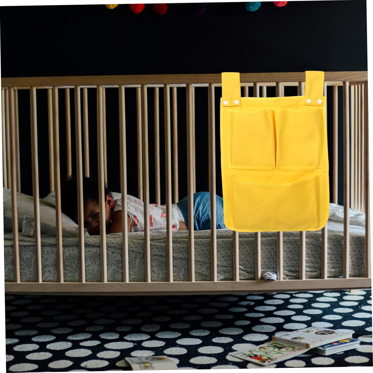 Bedside Hanging Storage Bag Organizer Multifunctional Canvas Crib Pocket for Diapers Wipes Toys Space-Saving Yellow for Nursery and Changing Table image number 2