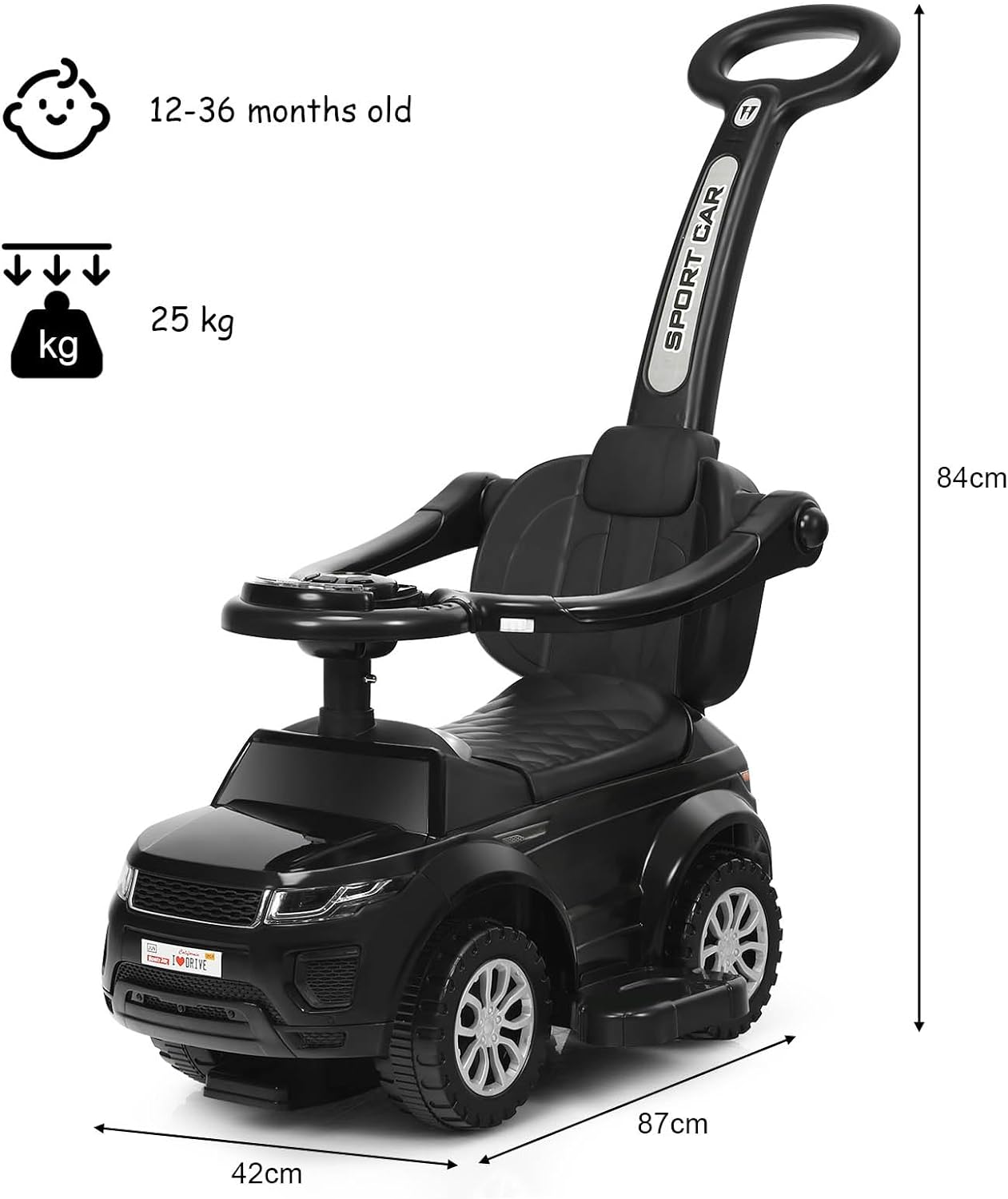 HONEY JOY 3 in 1 Kids Ride on Push Car, Stroller Sliding Walking Car with Horn, Music, Light, under Seat Storage, Push Handle, Armrest Guardrails, Push Cars for Toddlers Boys & Girls Aged 12-36 Months image number 5