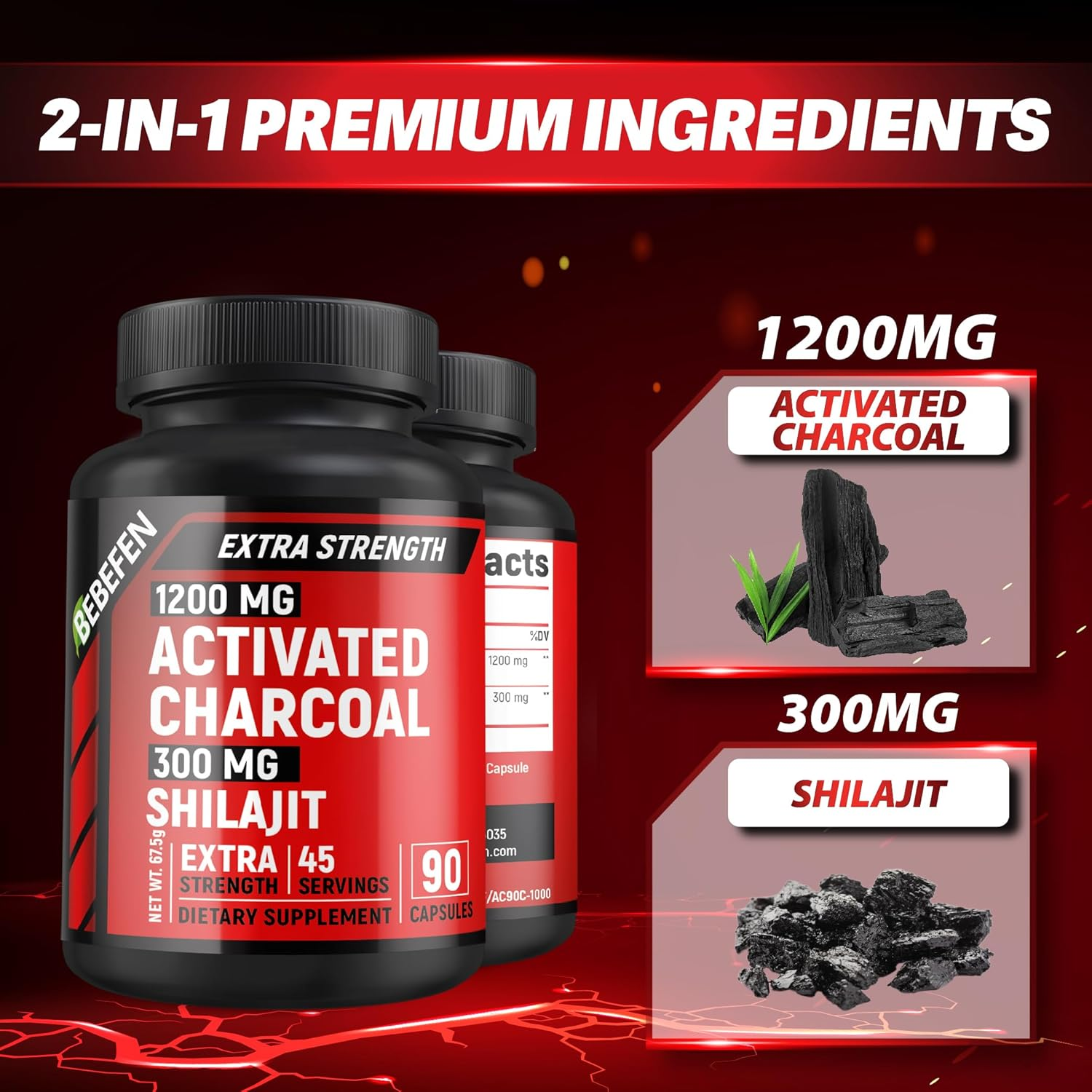Activated Charcoal 1,200Mg per Serving by BEBEFEN | Enhanced with Shilajit 300Mg | Activated Charcoal Capsules | Derived from Coconut Shells | Non-Gmo | Gluten Free | 90 Count image number 4