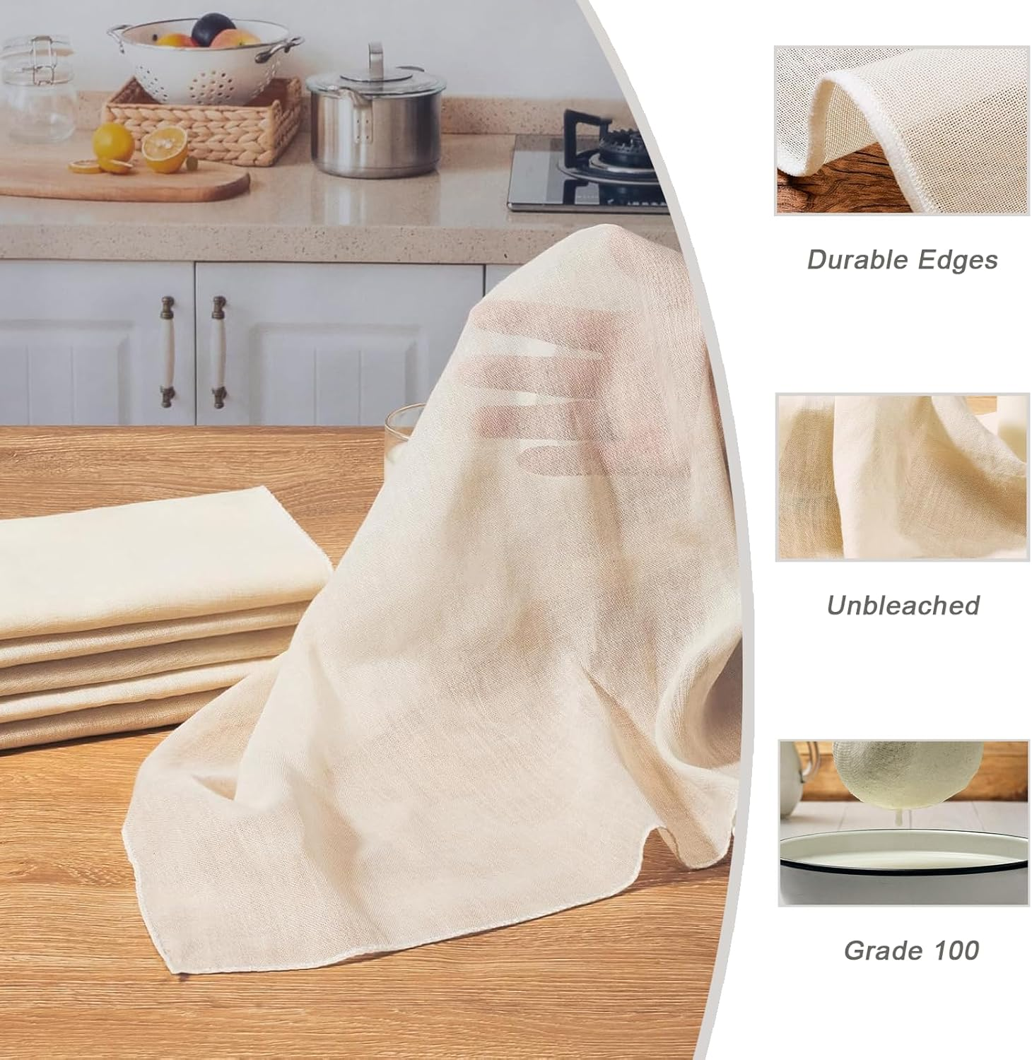 6 Pack Ultra Fine Grade 100 Cheese Cloth - 50X50Cm Natural Cotton Hemmed for Cooking, Brewing, Coffee & Cheesemaking image number 3