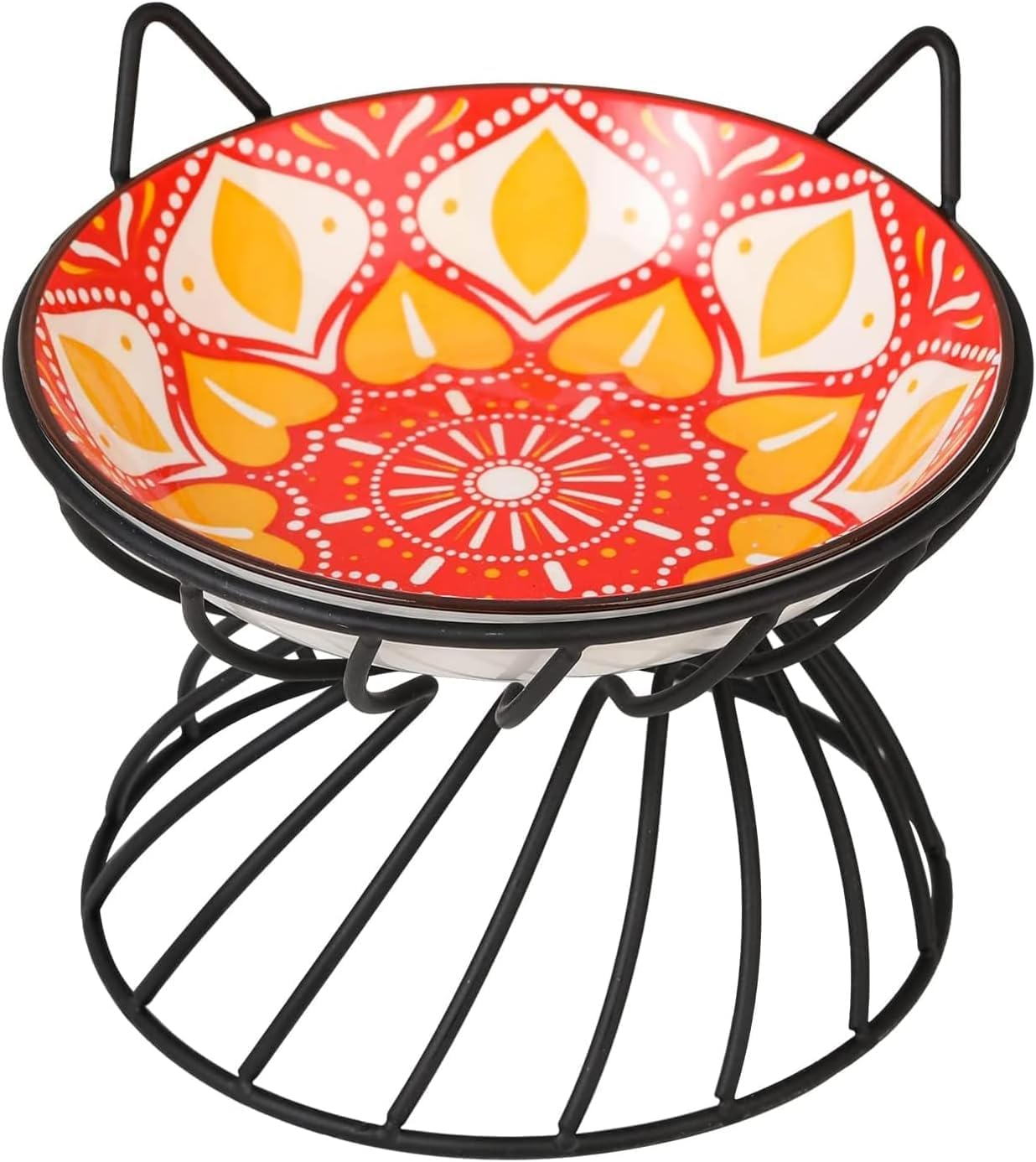 Raised Ceramic Cat Food Bowl - Elevated Cat Dish with anti Slip Stand - Wide Shallow Cat Bowl Whisker Friendly - Cute Cat Plate - Cat Feeding Bowls - Microwave and Dishwasher Safe - 8.5 Oz - 5.75 Inch