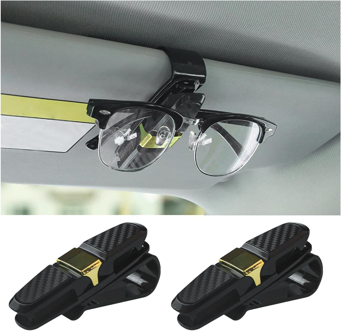 2PCS Sunglasses Holder for Car Sun Visor, 180 Degree Rotatable Eyeglasses Mount with Ticket Card Clip, Double-Ends Car Sunglass Holder (Gold)