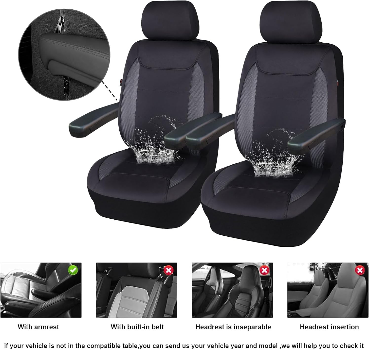 Flying Banner Aquashield Front Car Seat Covers Set Waterproof Water Resistant Arm Rest Shoulder Seatbelt Compatible Truck Protectors Universal Non Slip (Black Neoprene, Front Pair)