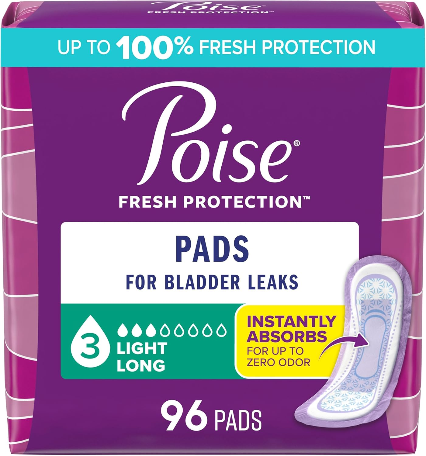 Poise Ultra-Thin Incontinence Pads, Light Absorbency, Long, 4 Packs of 24 Pads, 96 Count Total image number 2
