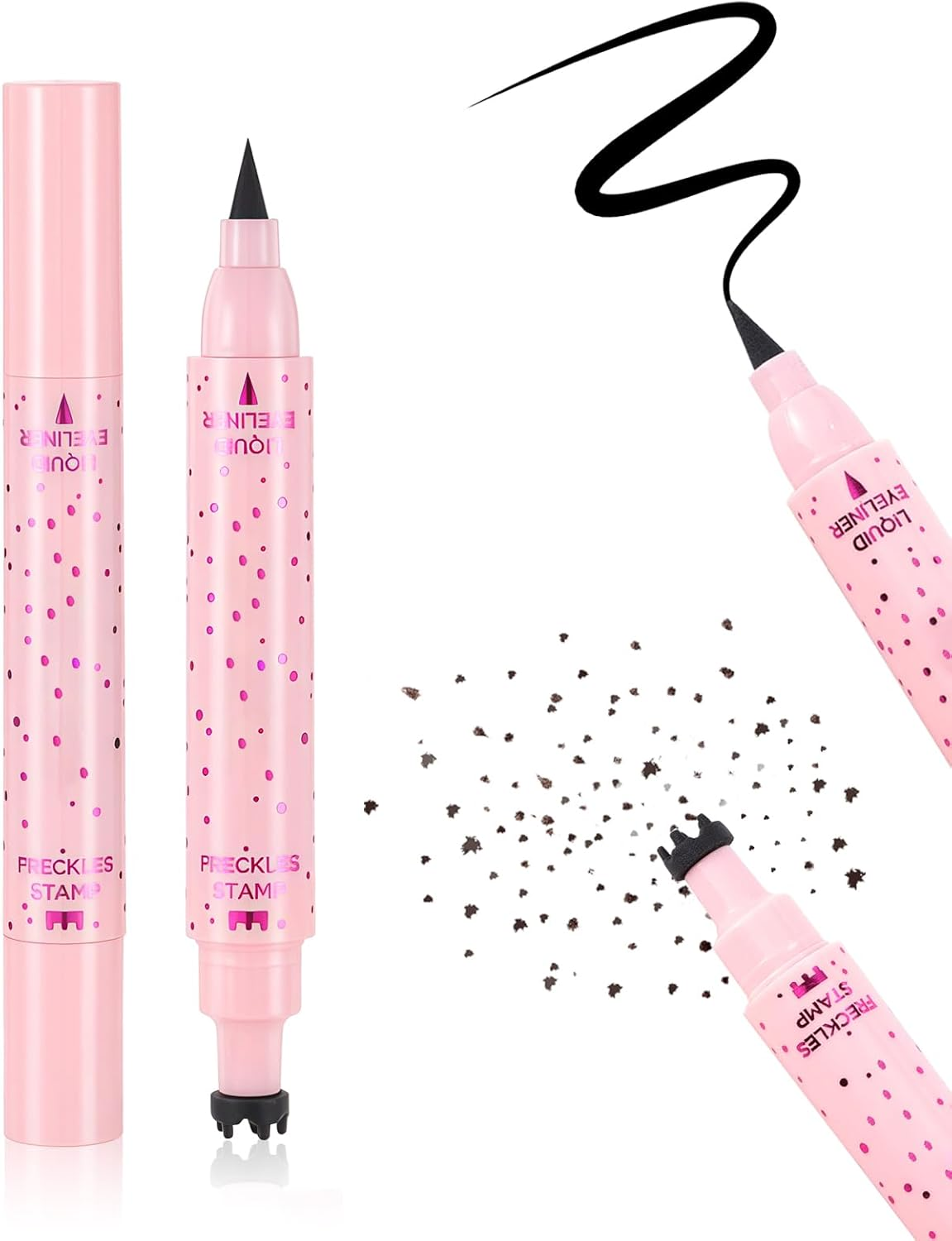 DAGEDA Eyeliner Freckle Pen, 2 in 1 Dark Brown Freckle Stamp and Black Liquid Eyeliner, Waterproof, Natural Lifelike Freckles Makeup, Soft Sopt Pen Magic Fake Freckles