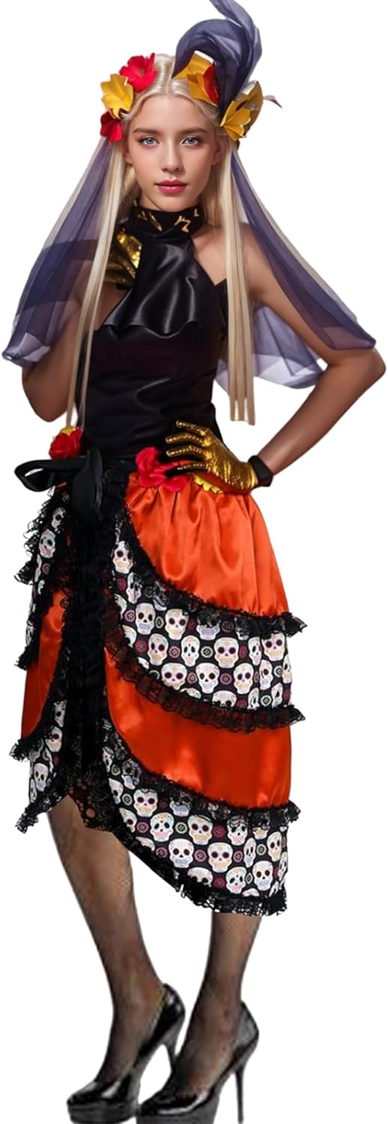 Day of the Dead Costume Adult Halloween Costumes for Women with Flower Headpiece and Fishnet Stocking image number 3