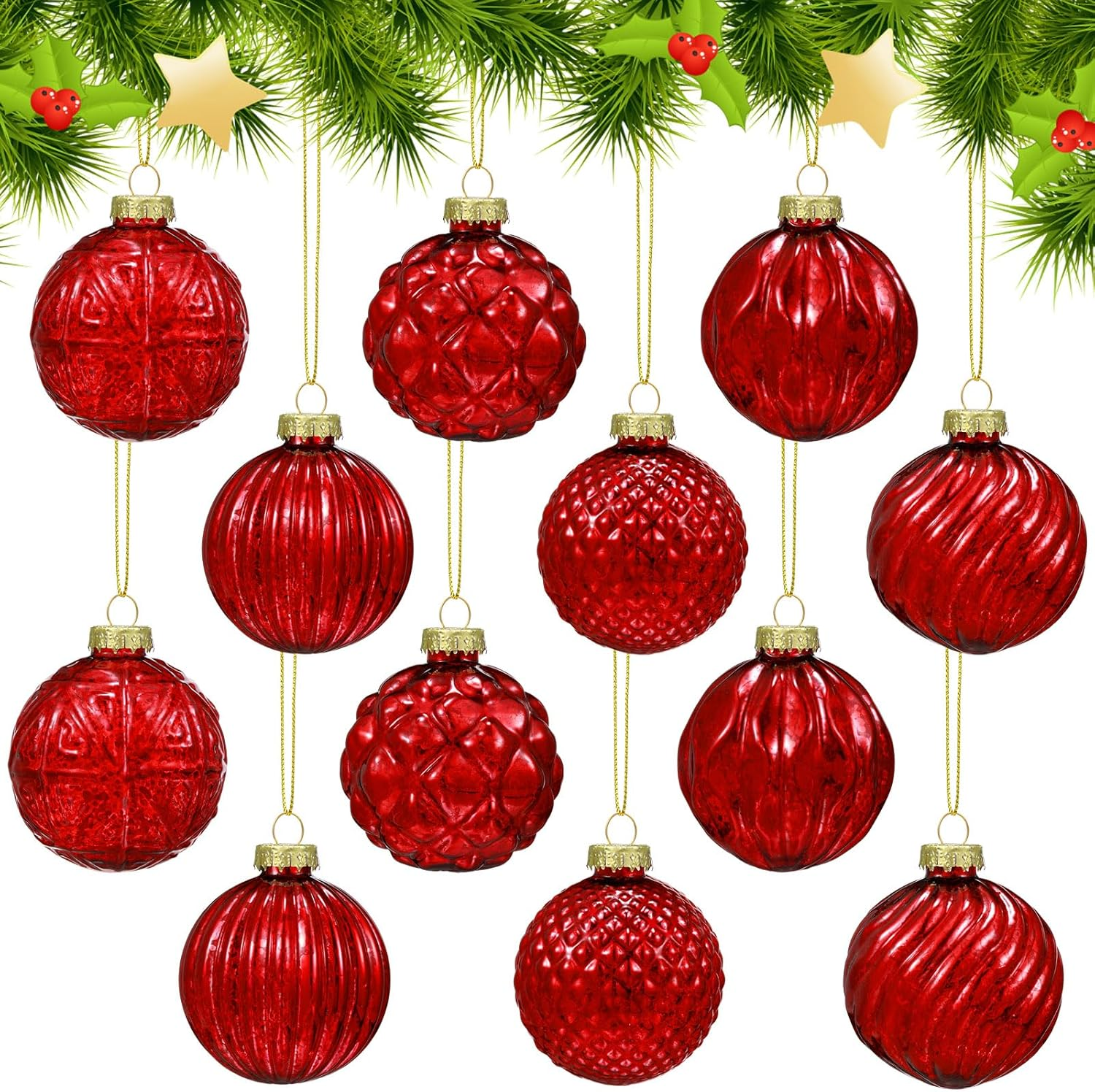 Jenaai 12 Pcs 2.36 Inch Christmas Ball Ornaments Glass Christmas Tree Decorations Hanging Xmas Decorations for Trees Party Wedding Holiday, 6 Style(Red) image number 6
