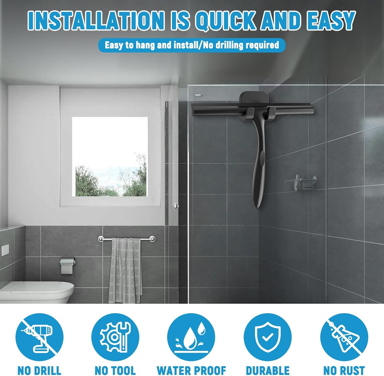 Silicone Shower Squeegee, Black, Shower Squeegee, Window Squeegee Shower with Holder, Bathroom Accessories, Mounting No Drilling, for Shower, Bathroom, Mirror, Glass Cleaning, Tile image number 5