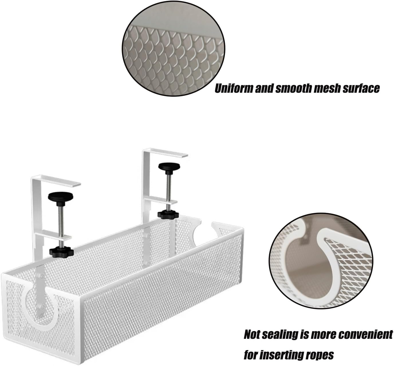 Under Desk Cable Management Tray, No Drill Metal Mesh Cable Organiser with Clamp Mount for Wire Management, 2 Hole Cord Organization Box, Cable Rack for Home, Office and Standing Desk, Easy to Install image number 5