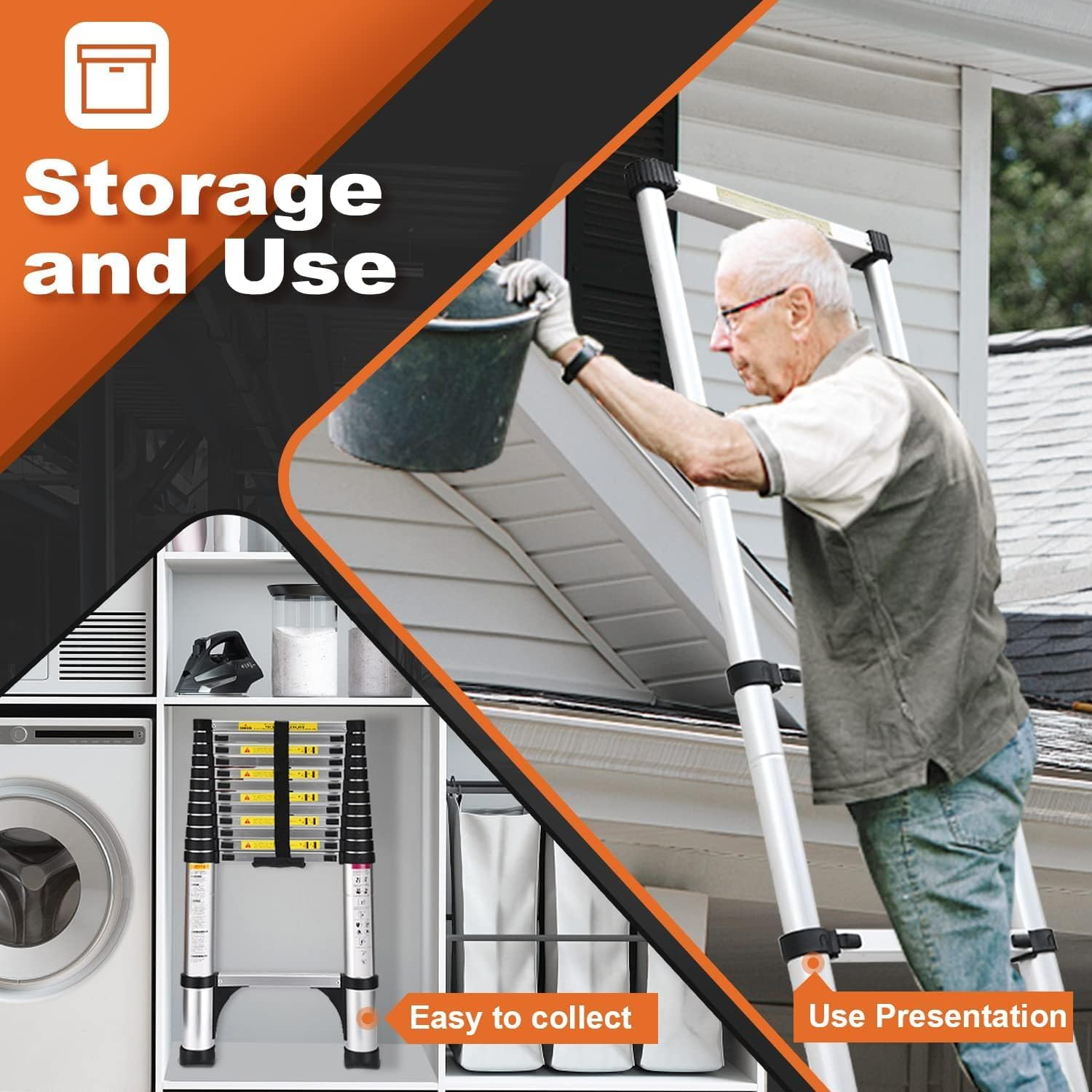 Extension Ladder Telescoping Stainless Steel Straight A-Frame Ladder Home Roof Outdoor Compact Telescopic Lightweight Safety Lock Easy to Store for Roofing Business Household RV Use (3.5M Straight) image number 1