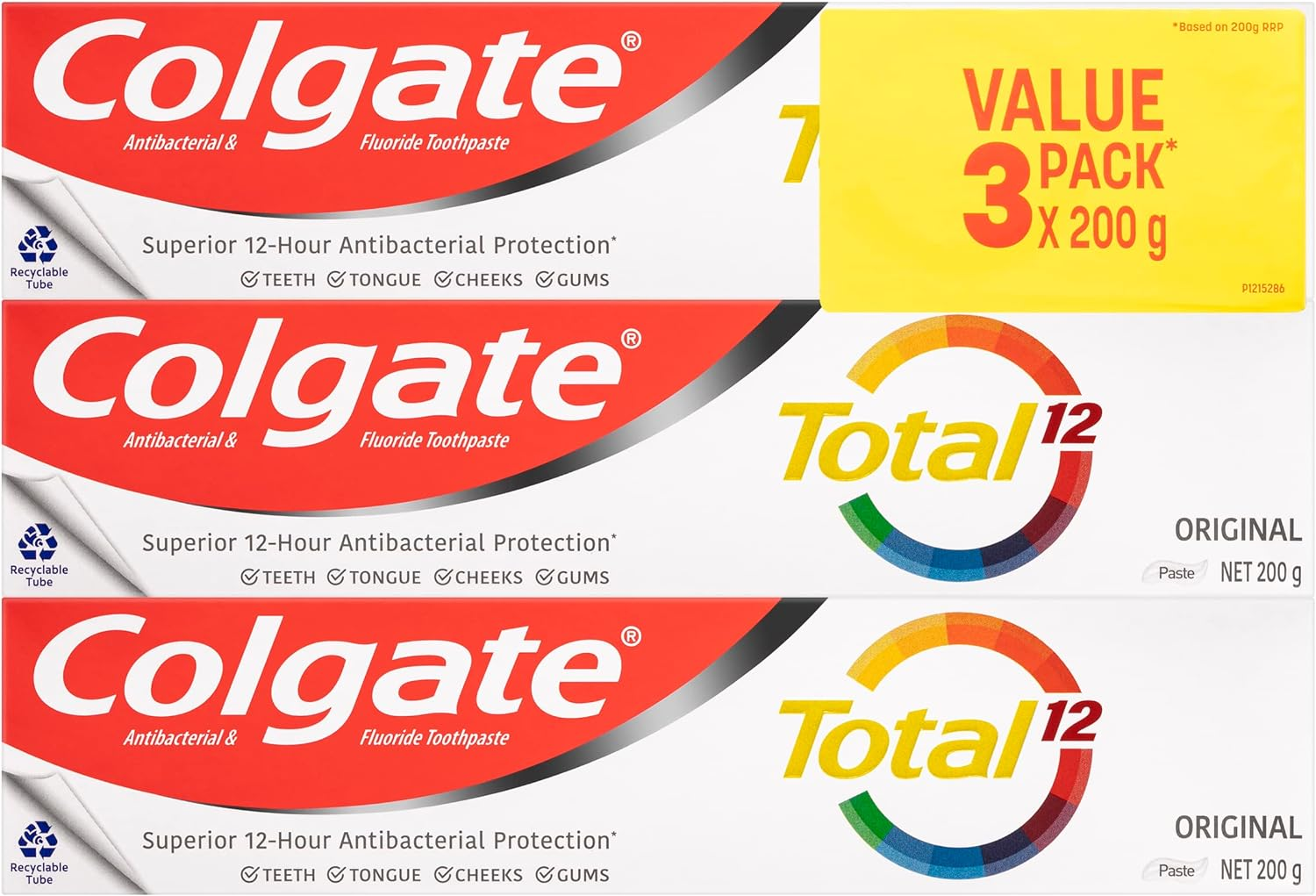 COLGATE Total Original Toothpaste Value Pack 3 X 200G, Whole Mouth Health, Multi Benefit