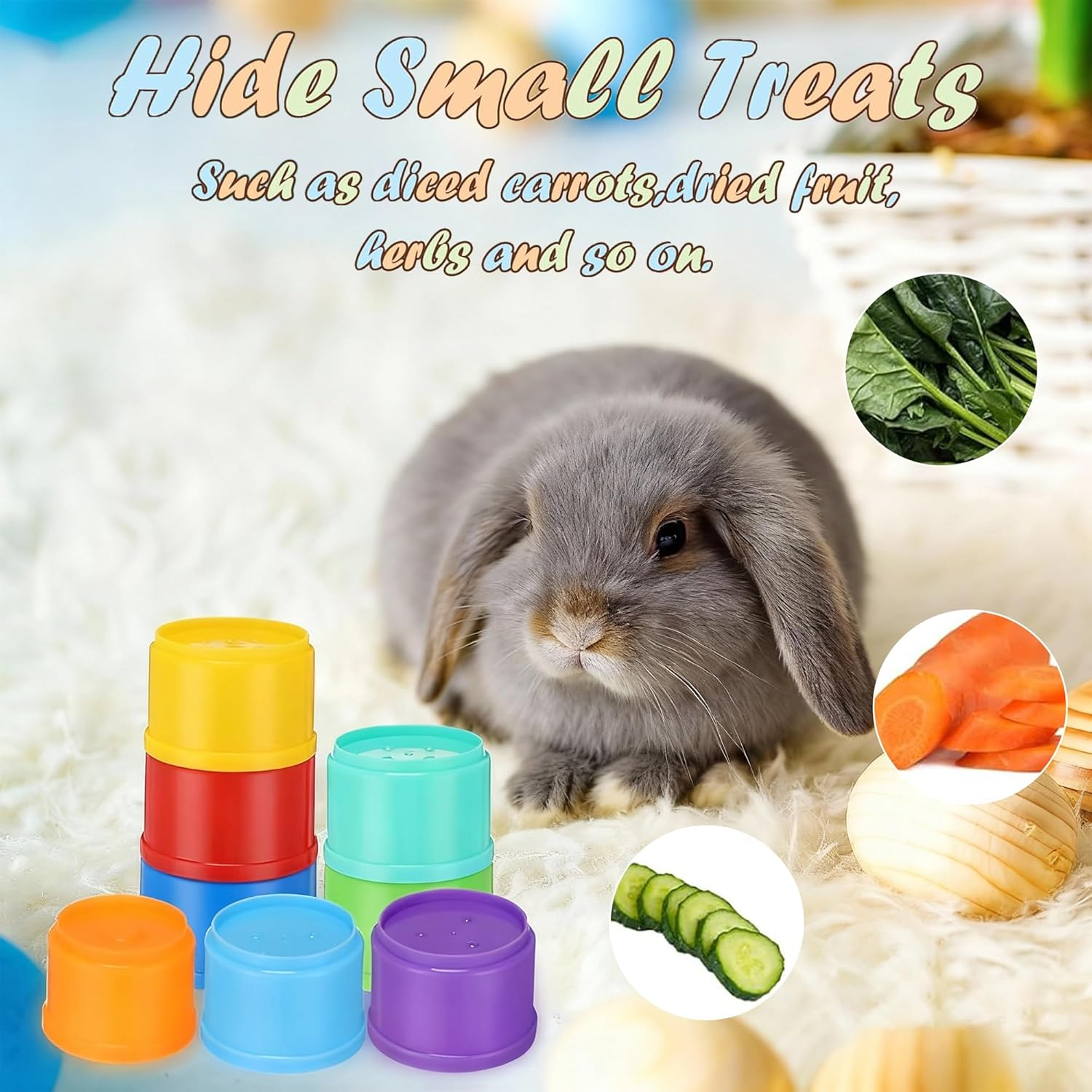 AMSGANK 8 PCS Stacking Cups, Rabbit Stacking Cups Bunny Pet Toys Rabbit Toys for Hiding Food and Playtime Fun Stack up Cups for Guinea Pigs Small Animals (Multi-Coloured)
