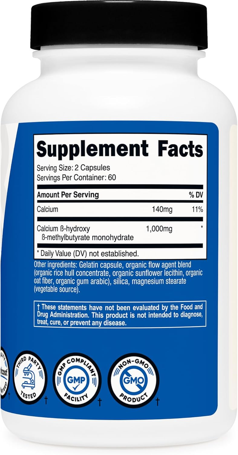Nutricost HMB (Beta-Hydroxy Beta-Methylbutyric) 1000Mg (120 Capsules) - 500Mg per Capsule, 60 Servings - Gluten Free and Non-Gmo