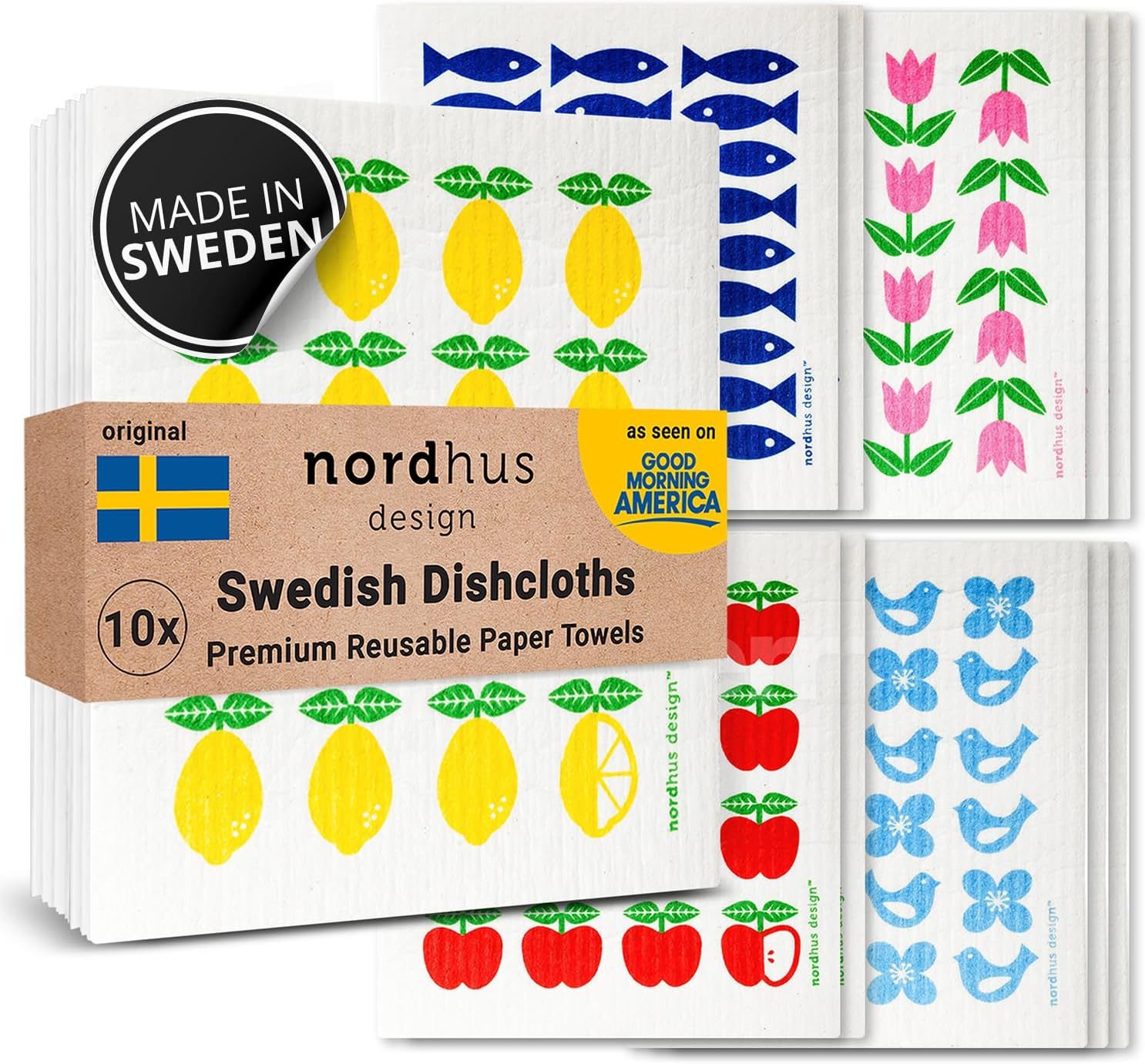Nordhus Design Swedish Dishcloths,10 Grey Cloths, Made in Sweden - Reusable, Washable Cellulose Cotton Kitchen Cloths - Replace Paper Towels, Wipes, Sponges, Dish Rags