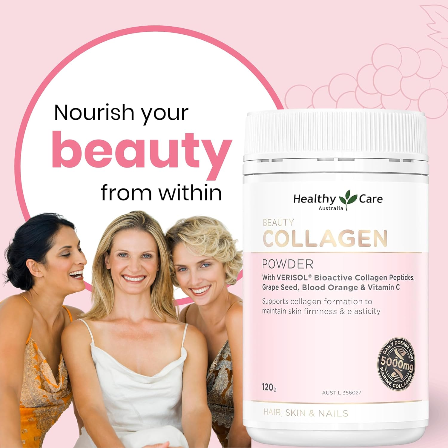 Healthy Care Beauty Collagen Powder - Infused with VERISOL, Vitamin C, Grape Seed, and Blood Orange - Supports Skin Elasticity and Firmness, Enhances Hair and Nail Strength - All Natural Ingredients image number 3