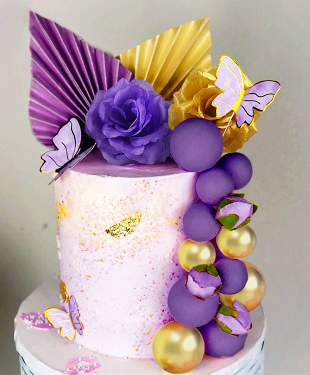 Jevenis Purple Cake Decorations Rose Cake Decoration Purple Butterfly Cake Decoration Palm Leaves Cake Decoration Balls Cake Decoration Wedding Cake Decoration Disco Cake Decor image number 1