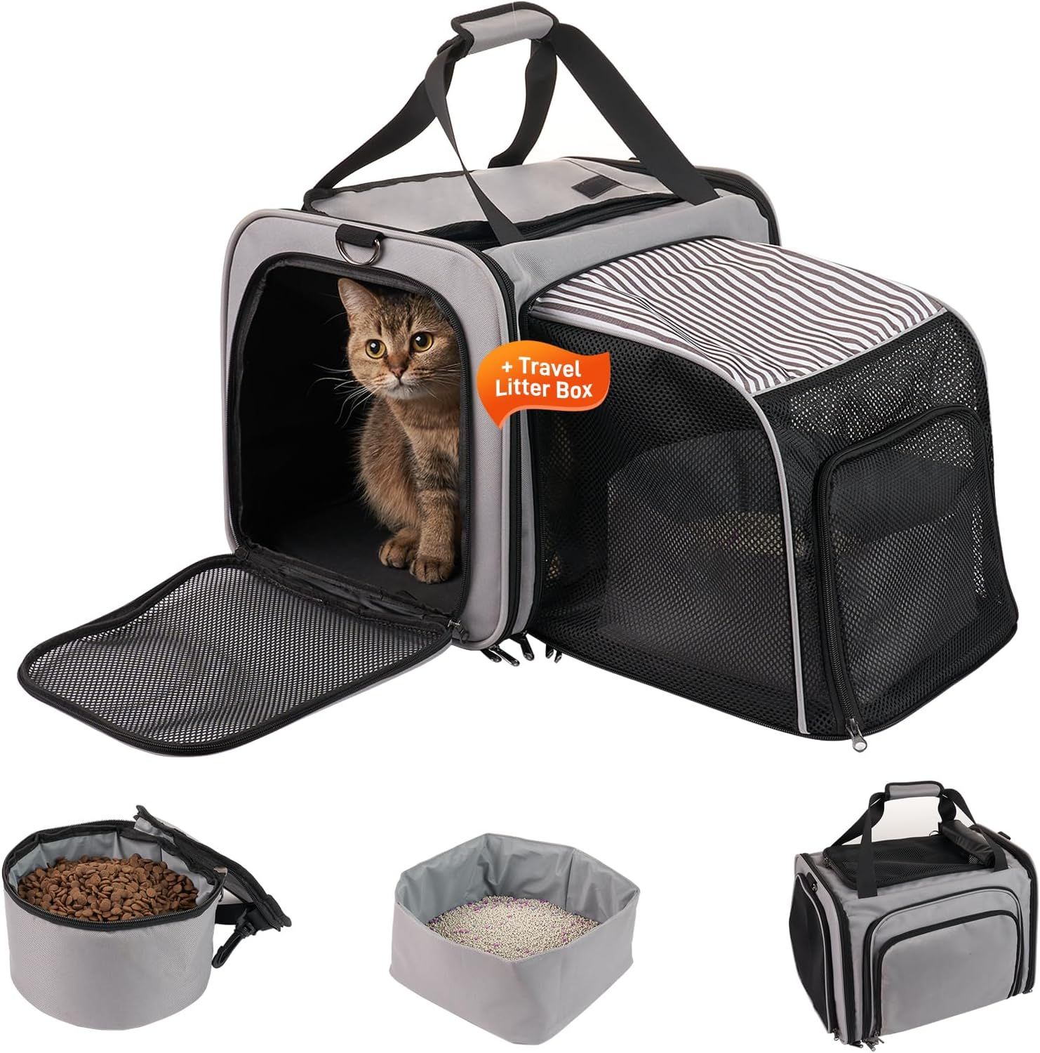 Cat Carrier with Litter Box, Expandable Cat Travel Carrier for Car with Bowl, Soft Sided Cat Carrier for Cats/Puppies up to 20 Lbs, Blue