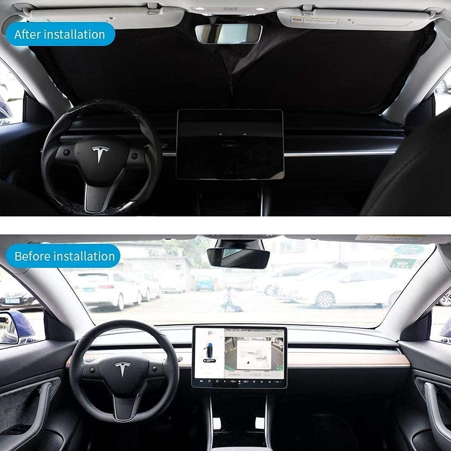 Tesla Model 3 and Y Front Windshield Sunshade, Easy to Use Foldable Lightweight Sun Shield with a Pouch, Blocks UV Rays Suitable for Tesla 3/Y, Keep the Vehicle Cool and Damage-Free image number 2