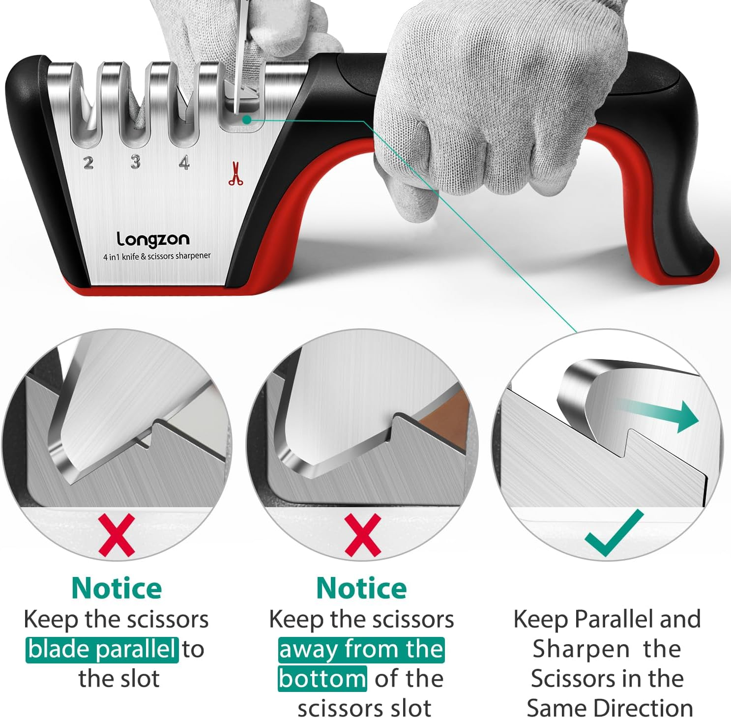 4-In-1 Longzon [4 Stage] Knife Sharpener with a Pair of Cut-Resistant Glove, Original Premium Polish Blades, Best Kitchen Knife Sharpener Really Works for Ceramic and Steel Knives, Scissors. image number 2