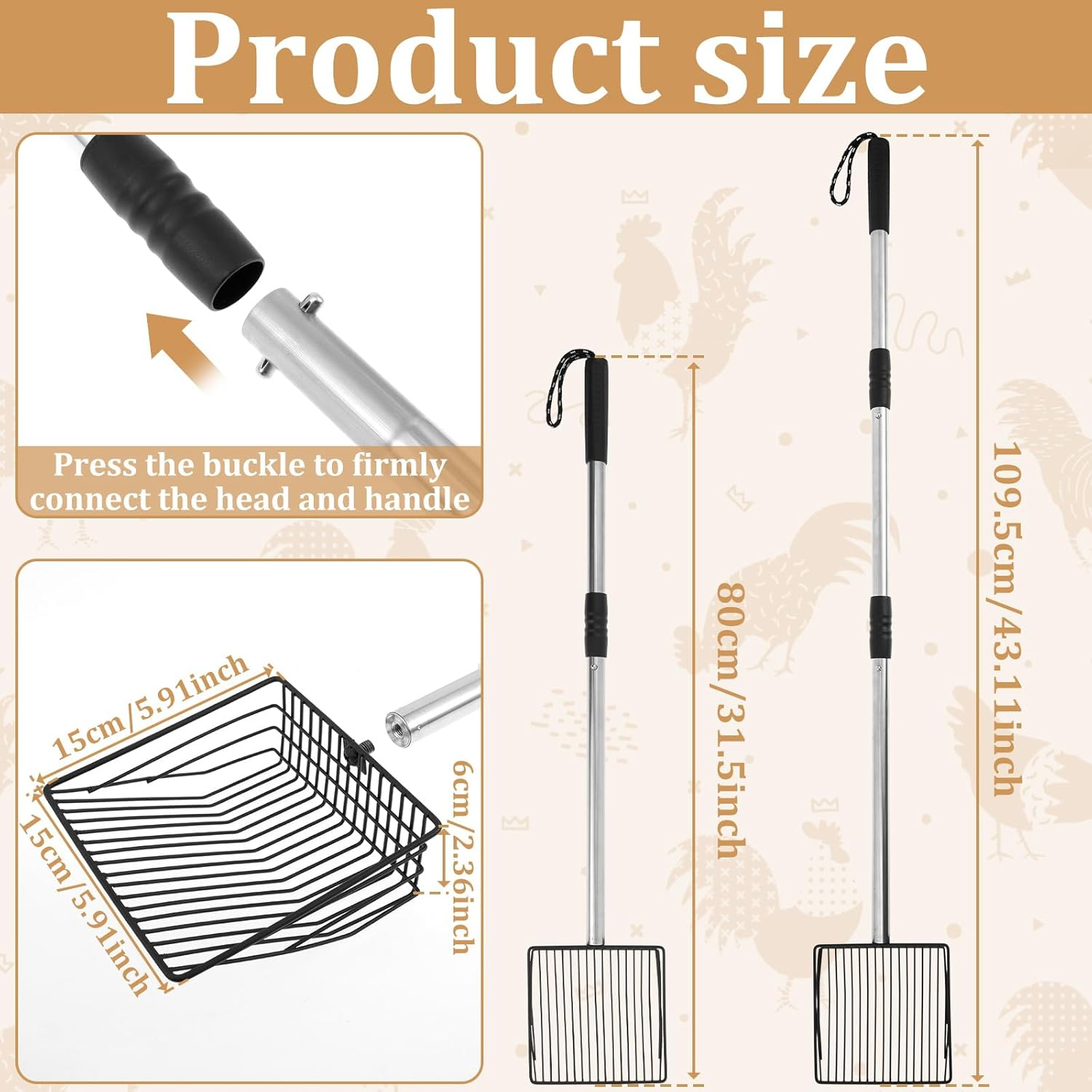 Chicken Poop Scooper, Metal Chicken Litter Scooper Handle with 80 to 110Cm Long Handle, Litter Scooper Sifting Shovel Chicken Coop Accessories for Chick Pet Cat Dog image number 3