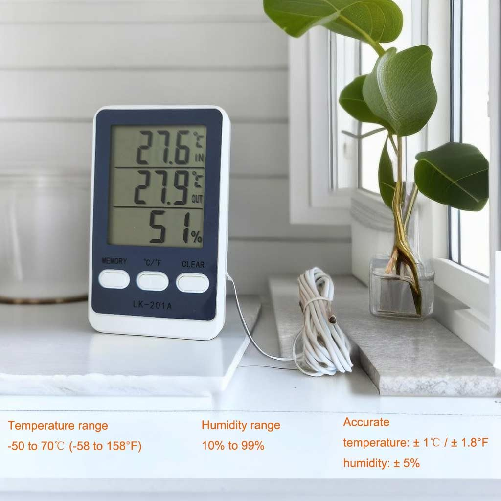 Indoor Outdoor Thermometer Hygrometer Weather Station, Humidity Monitor Battery Powered inside outside Temperature with 1.5Metre Length Cable Sensor