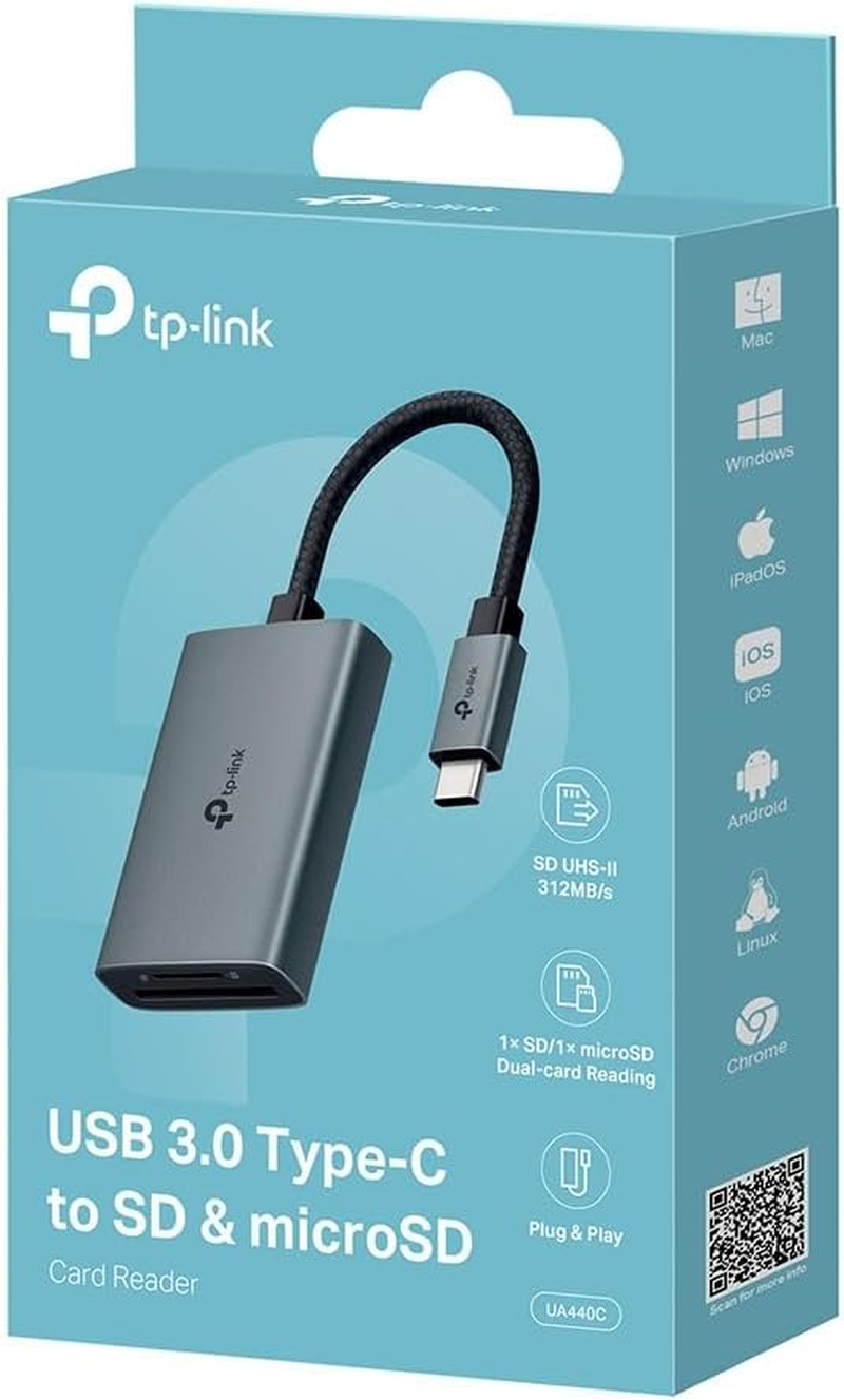 Tp-Link USB 3.0 Type-C to SD & Microsd 3.0 Card Reader, Support Multi-Type SD Cards up to 2TB, Dual Card Access Simultaneously, Plug and Play, SD4.0 UHS-II Faster Transmit, up to 312Mb/S(Ua440C) image number 3