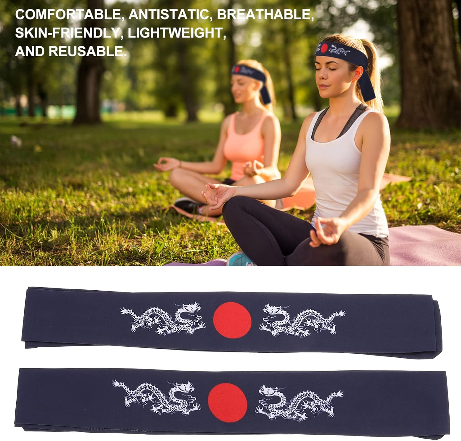 Uonlytech 2Pcs Japanese Bushido Headbands, Bushido Hachimaki Headband Dragon Sushi Chef Bandana Tie Samurai Headband for Sports Exercise Cooking Kitchen - Assorted Color image number 4