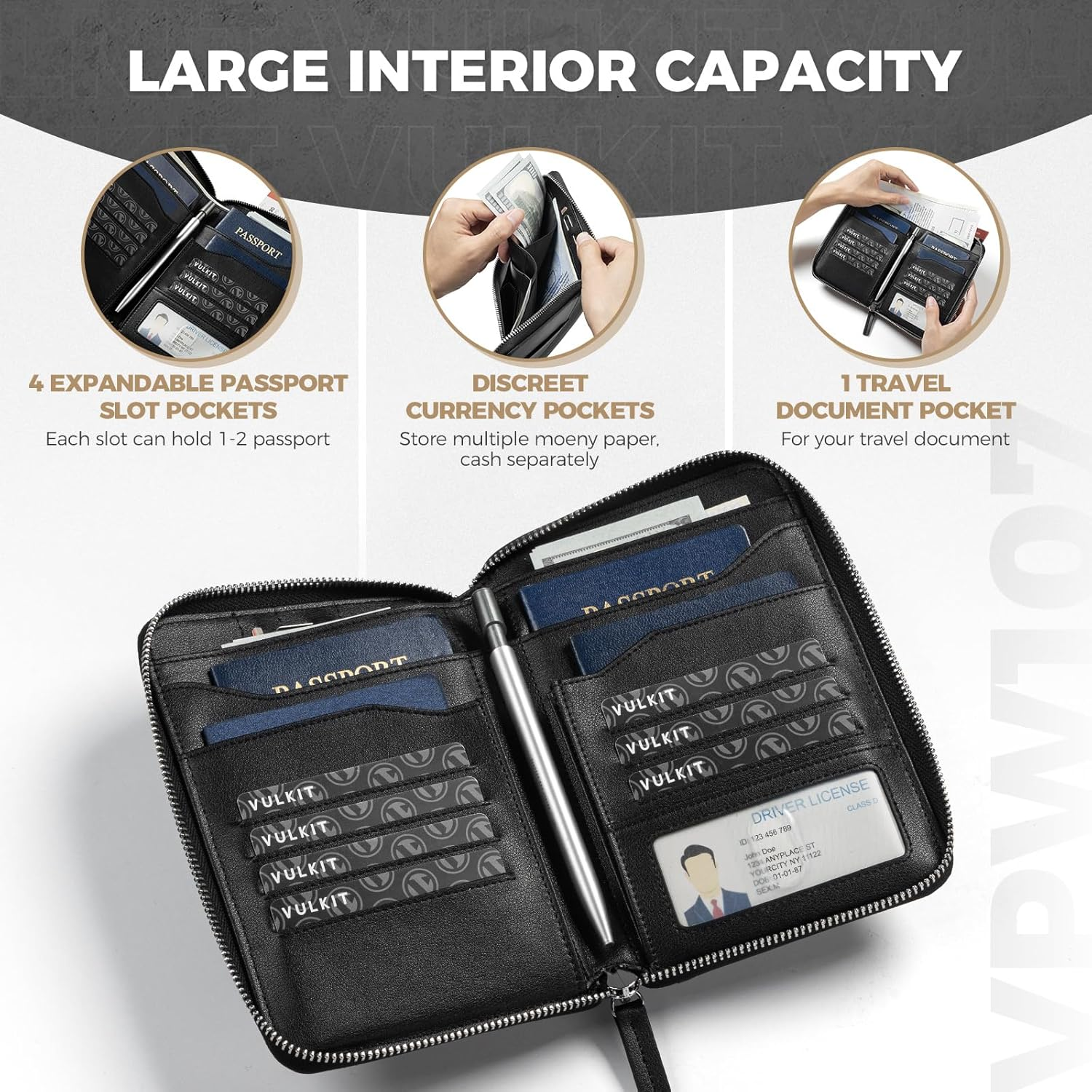 VULKIT Leather Passport Holder for 4-8 Passports Family Passport Wallet with Zipper Travel Documents Organizer for Men or Women(Black) - Brown image number 3