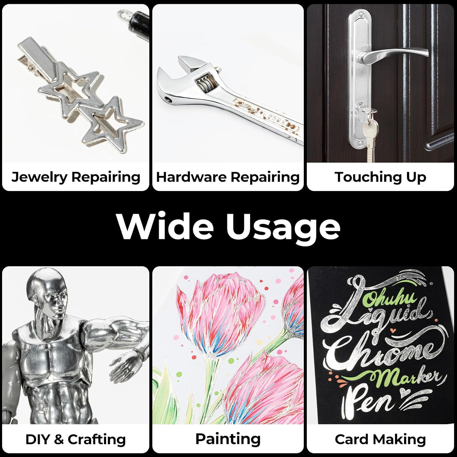 Ohuhu Chrome Paint Pen 3 PCS: Silver Liquid Chrome Markers with Gloss Mirror Water-Proof Lightfast Permanent Paint Markers for Repairing Metal Glass Plastic Car Tire DIY Crafts image number 5