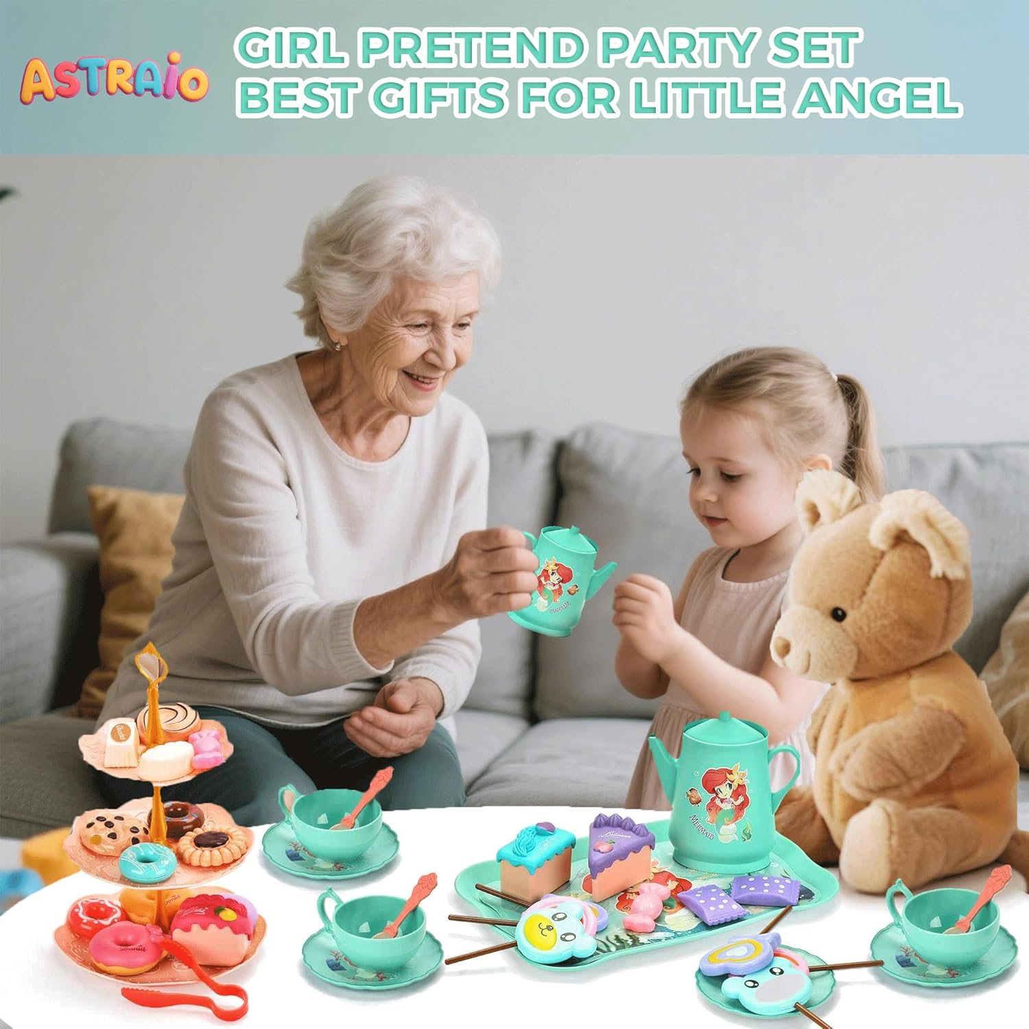 Mermaid Tea Party Set for Little Girls, 44PCS Food Sweet Treats Playset for Princess Tea Time Play Kitchen Toys Birthday Gifts for Age 3 4 5 6 Year Old Girls,Pretend Tin Teapot, Cups, Plates image number 1