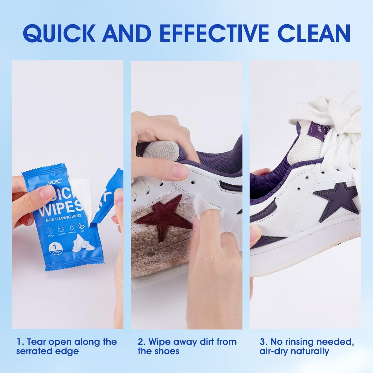AROIC 50 Pack Shoe Cleaner Wipes, Sneaker Quick Wipes Heavy Duty Stain Removal for Leather, Febric, Canvas & Mesh, Travel Portable Single-Use Cleaning Wet Wipe, Essential Shoe Cleaning Supplies image number 5