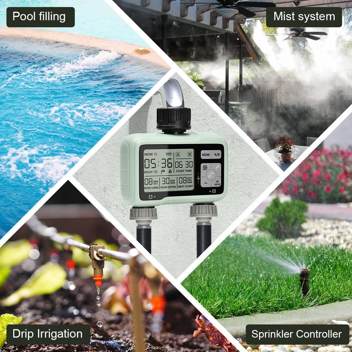 Digital Water Timer 2 Outlets, Automatic & Manual Watering Timers with LCD Screen, Sprinkler Timer Programmable with Rain Delay & Manual Modes - IPX5 Waterproof, Garden Hose Timers for Lawns, Yards image number 2