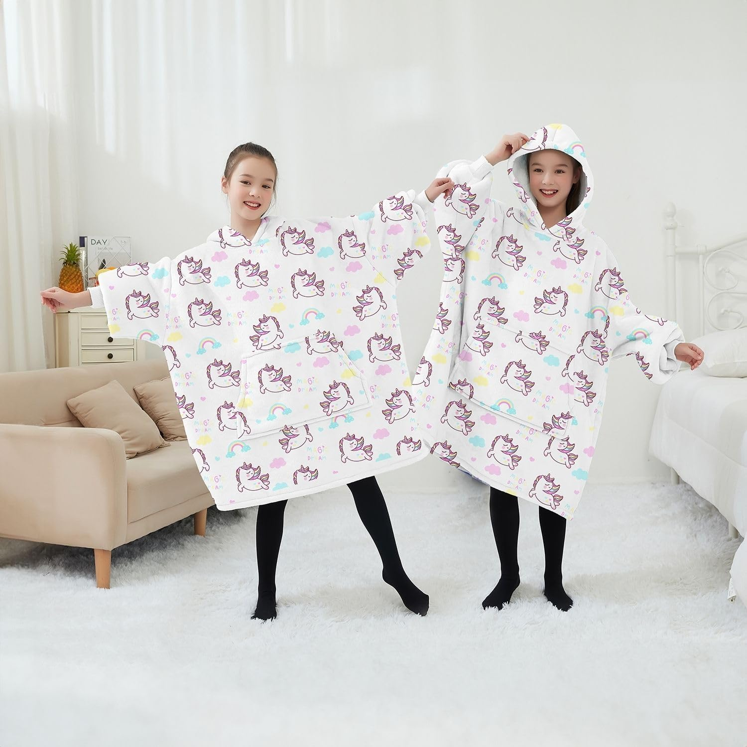 Gominimo Kids Hoodie Blanket, Warm, Cosy Double Layers, Large Pockets, One Size Fits All, Perfect for Indoor Lounging or Outdoor Adventures, Machine Washable, Unicorn White image number 4