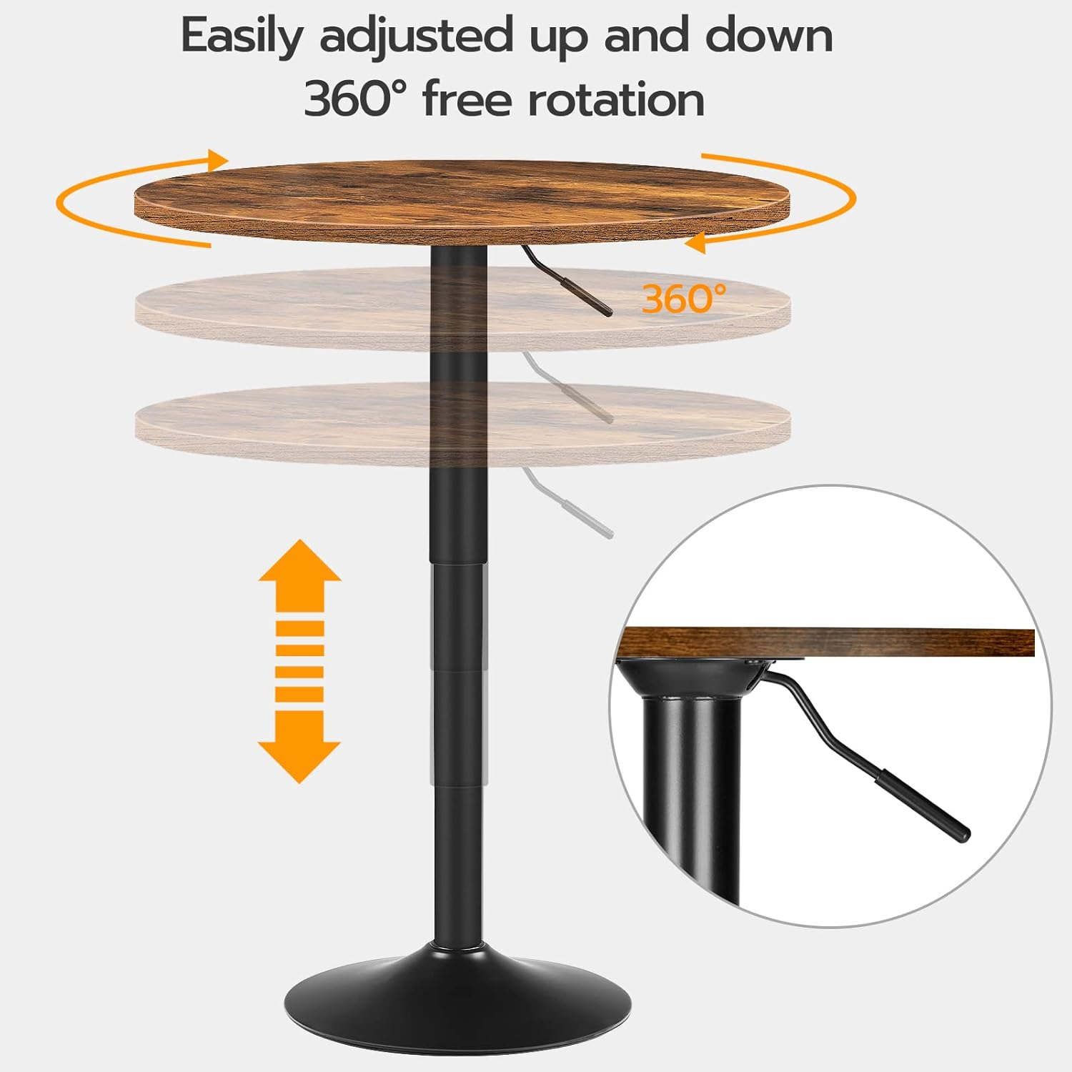 HOOBRO Bar Table, Height-Adjustable round Dinning Table, Cocktail Table with Base, Modern Style, Suitable for Living Room, Dining Room, Bistro, Rustic Brown BF58BT01G1 image number 2