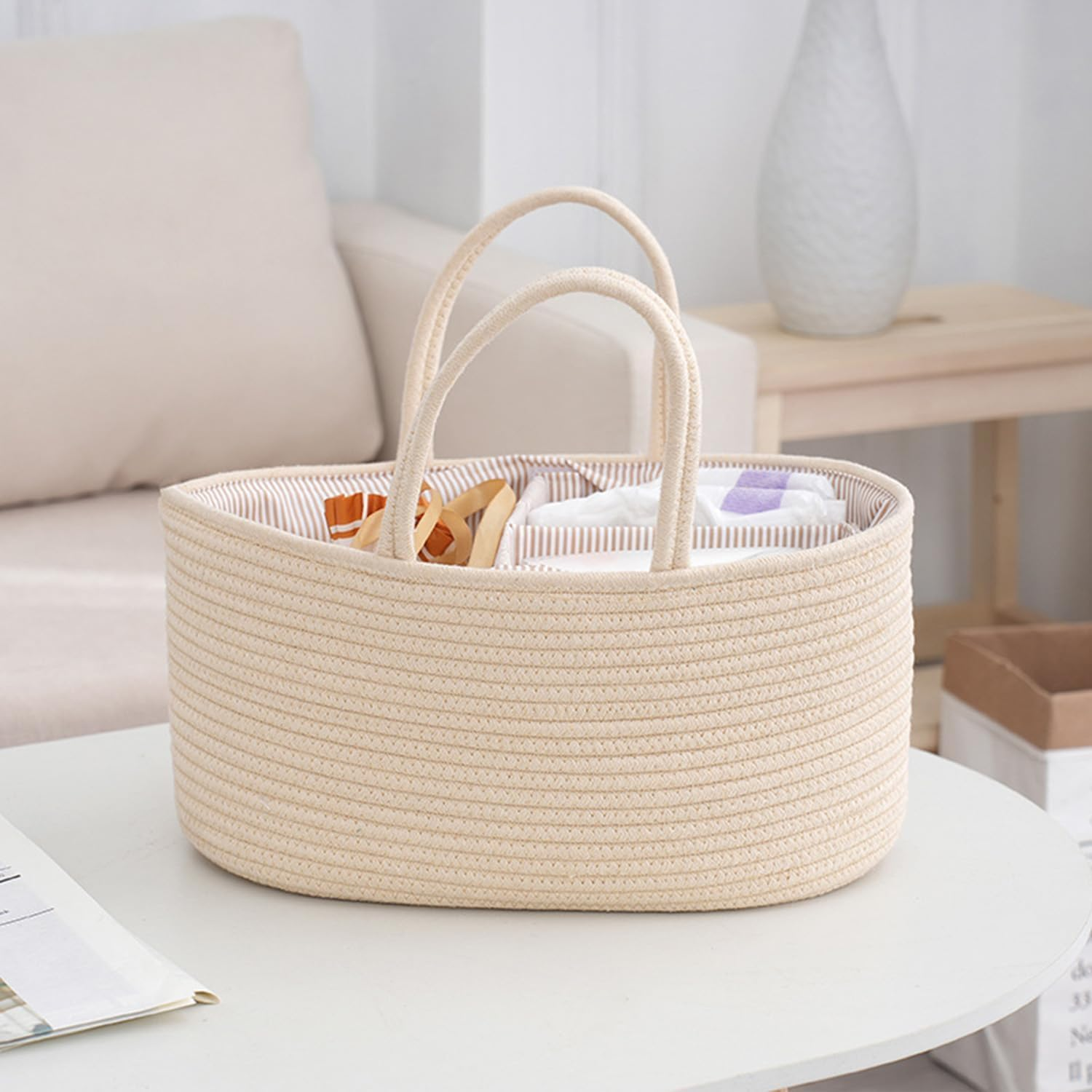 Baby Nappy Caddy, Nappy Organiser, Stylish Nursery Bohemian Cotton Rope Storage Basket, Portable Car Organizer with Removable Inserts, for Storage Nappy and Necessities, 38 X25 X18 CM (Beige) image number 6