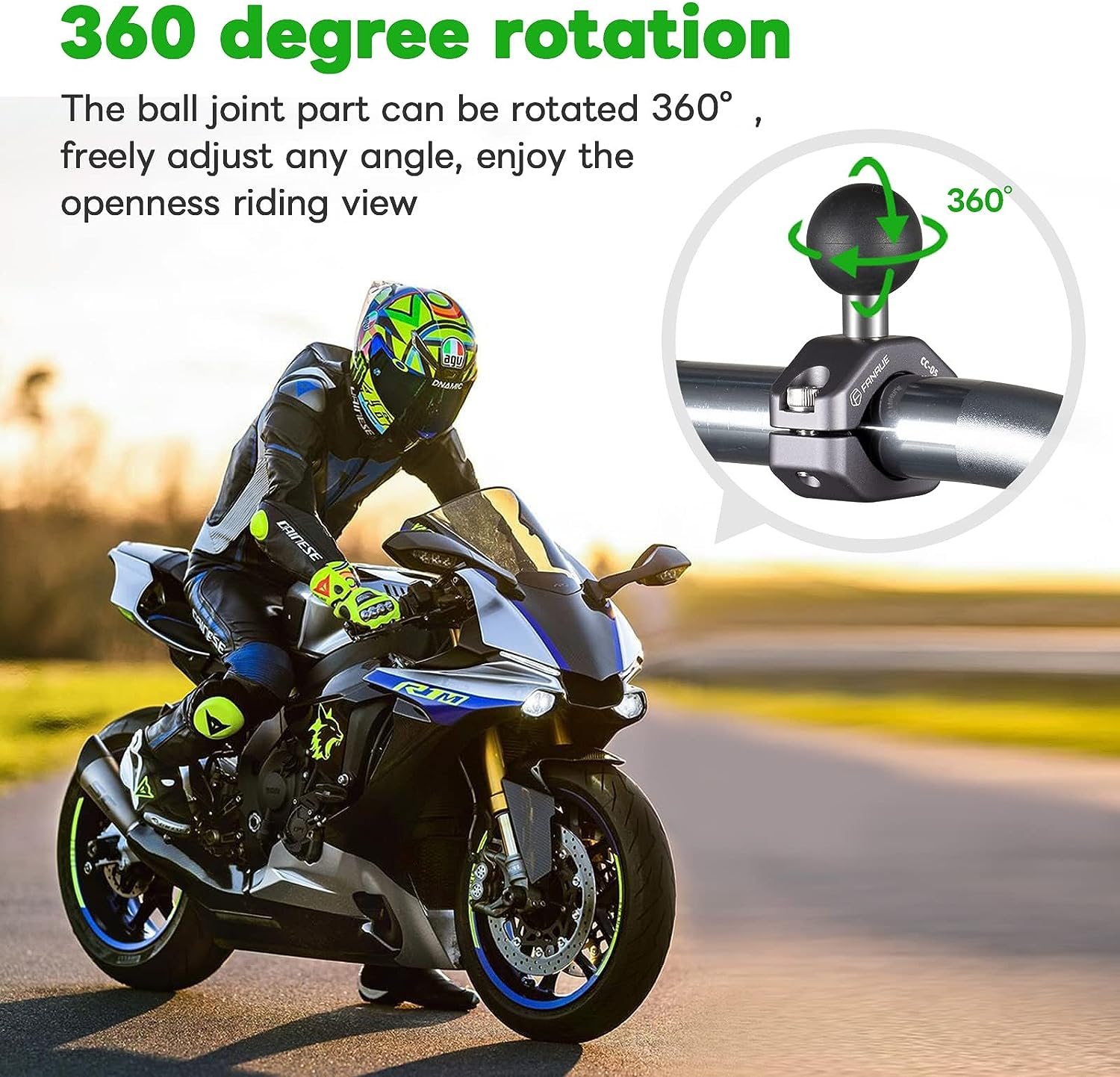 FANAUE CC-05 Aluminum Handlebar Clamp Mount U-Bolt Base Compatible with RAM Mounts B Size 1 Inch Ball Double Socket Arm & Bike Motorcycle Phone Holder for 0.85" to 1.14" Diameter Rail image number 5