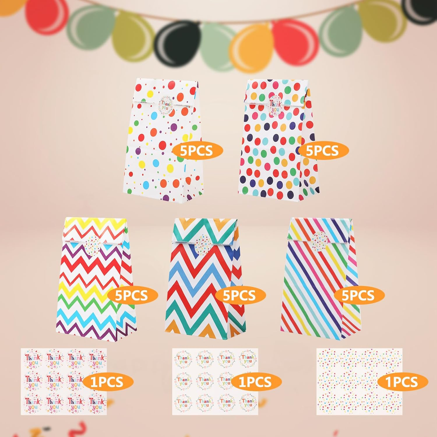 Hianjoo Paper Gift Bags, 25 Pieces Bottom Party Sweets Gift Kraft Bags Treat Bags with 48 Label Stickers for Lunch & Snacks image number 1